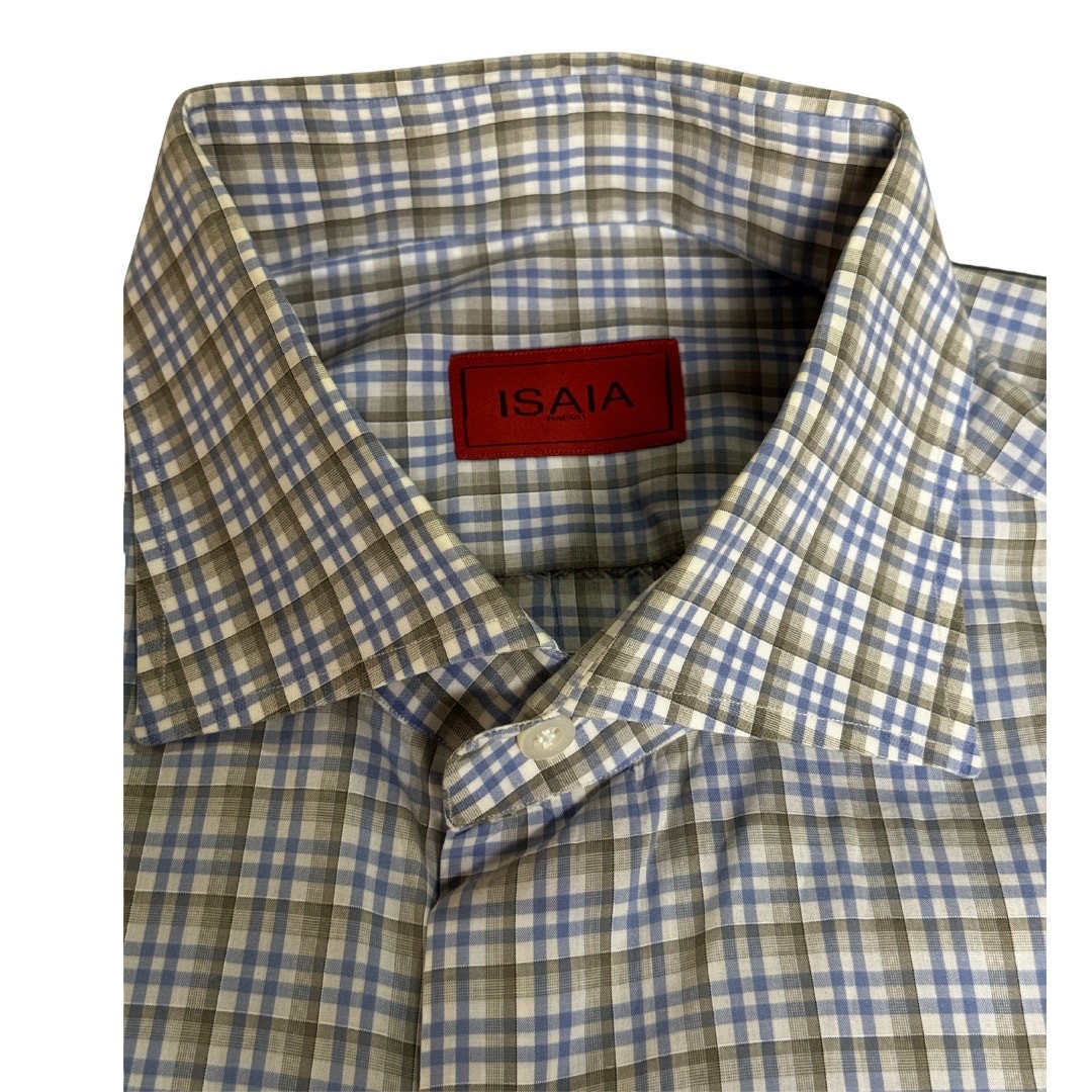 Isaia Napoli Dress Shirt Men’s 16.5 Blue Gray Check Cotton