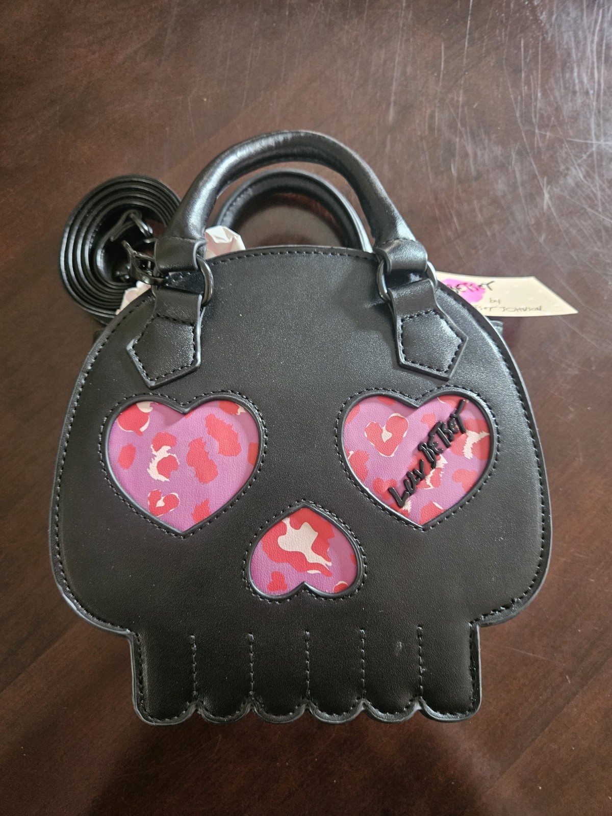 Luv Betsey Johnson Black & Pink Skull Small Satchel Top Handle Bag w/ Strap Zip