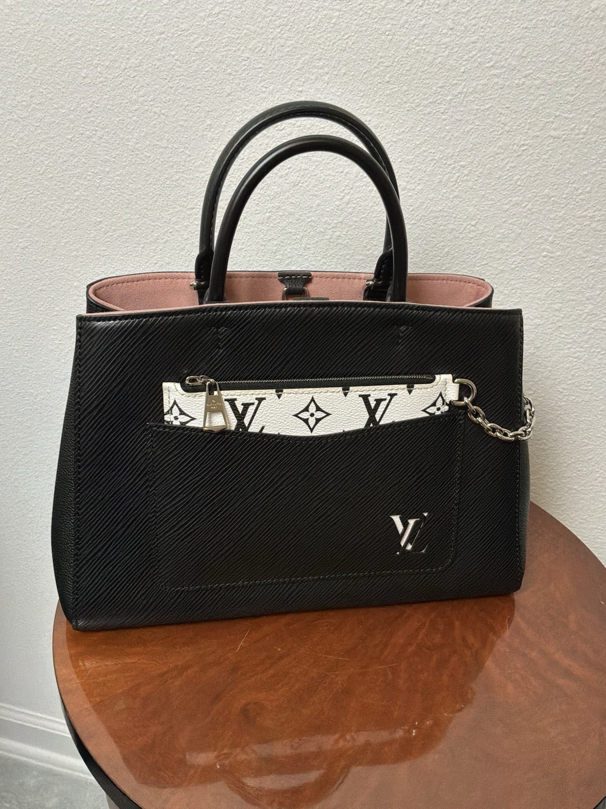 Louis Vuitton Monogram Satchel MM Top Handle Bag Black Zip w/ Strap Silver