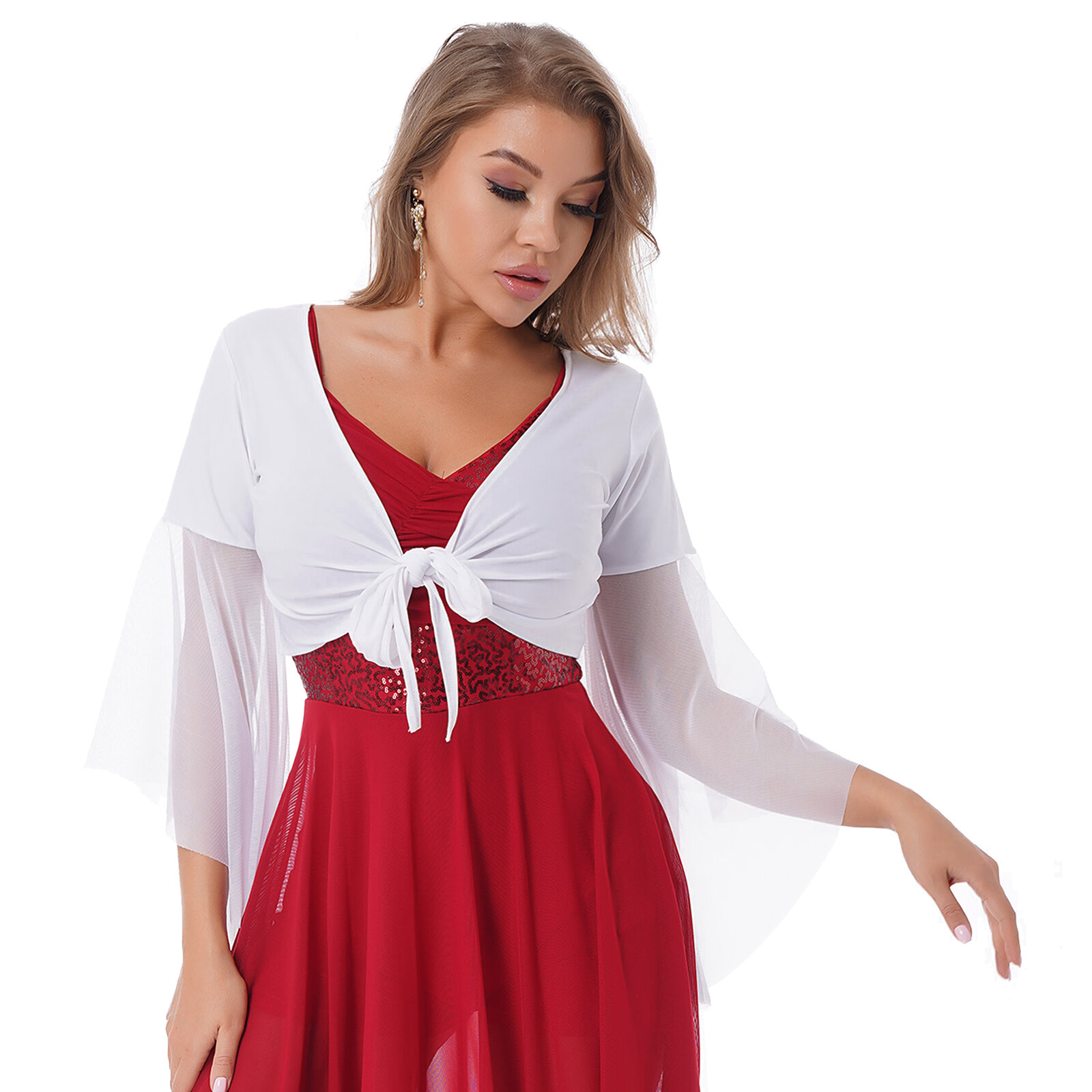 Women Dancewear Tee Shirts Fitness Blouse Tops Crop Top Shawl V Neck Stage Show