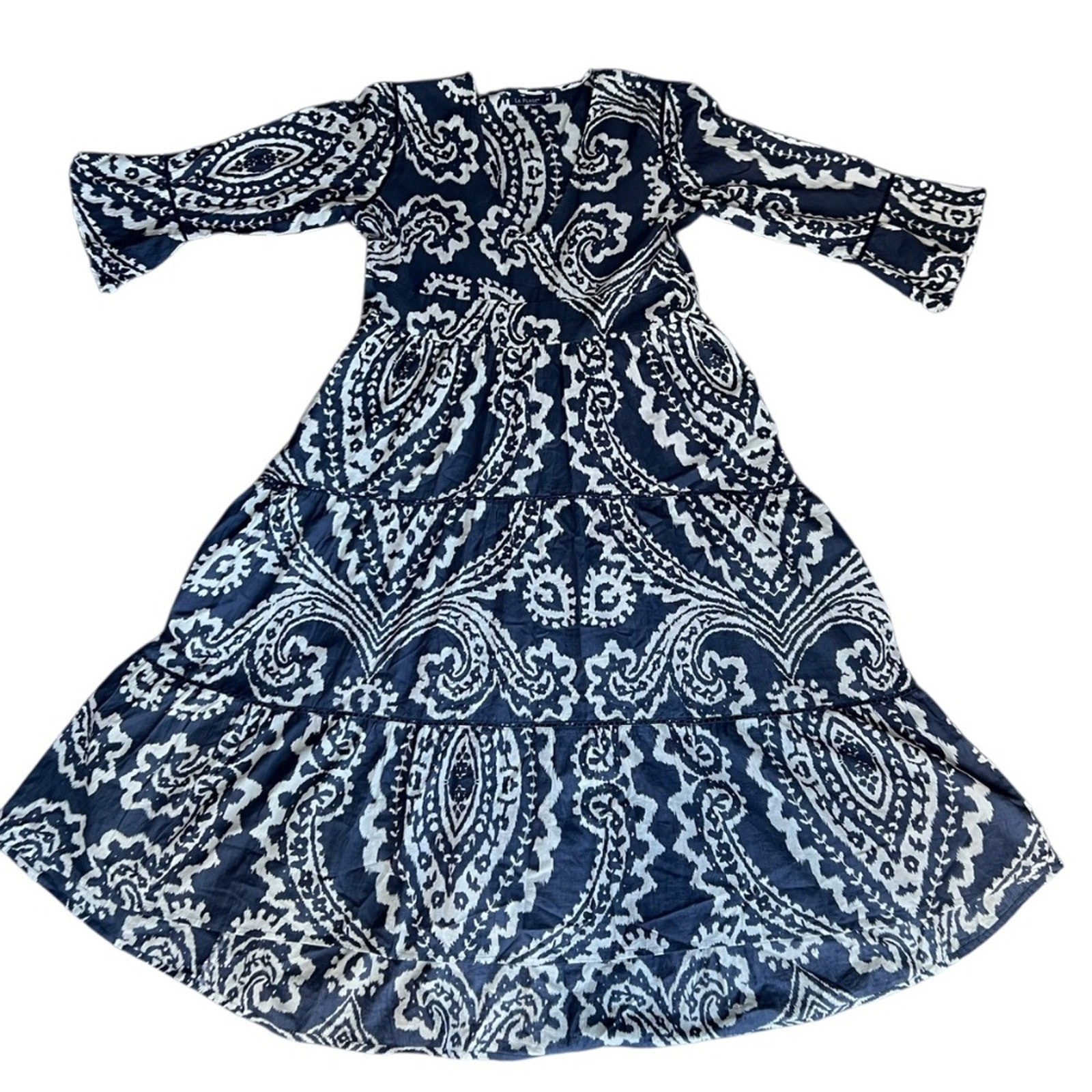 La Plage Dress Medium Midi 100% Cotton Bohemian Resort Cruise Vacation Crochet