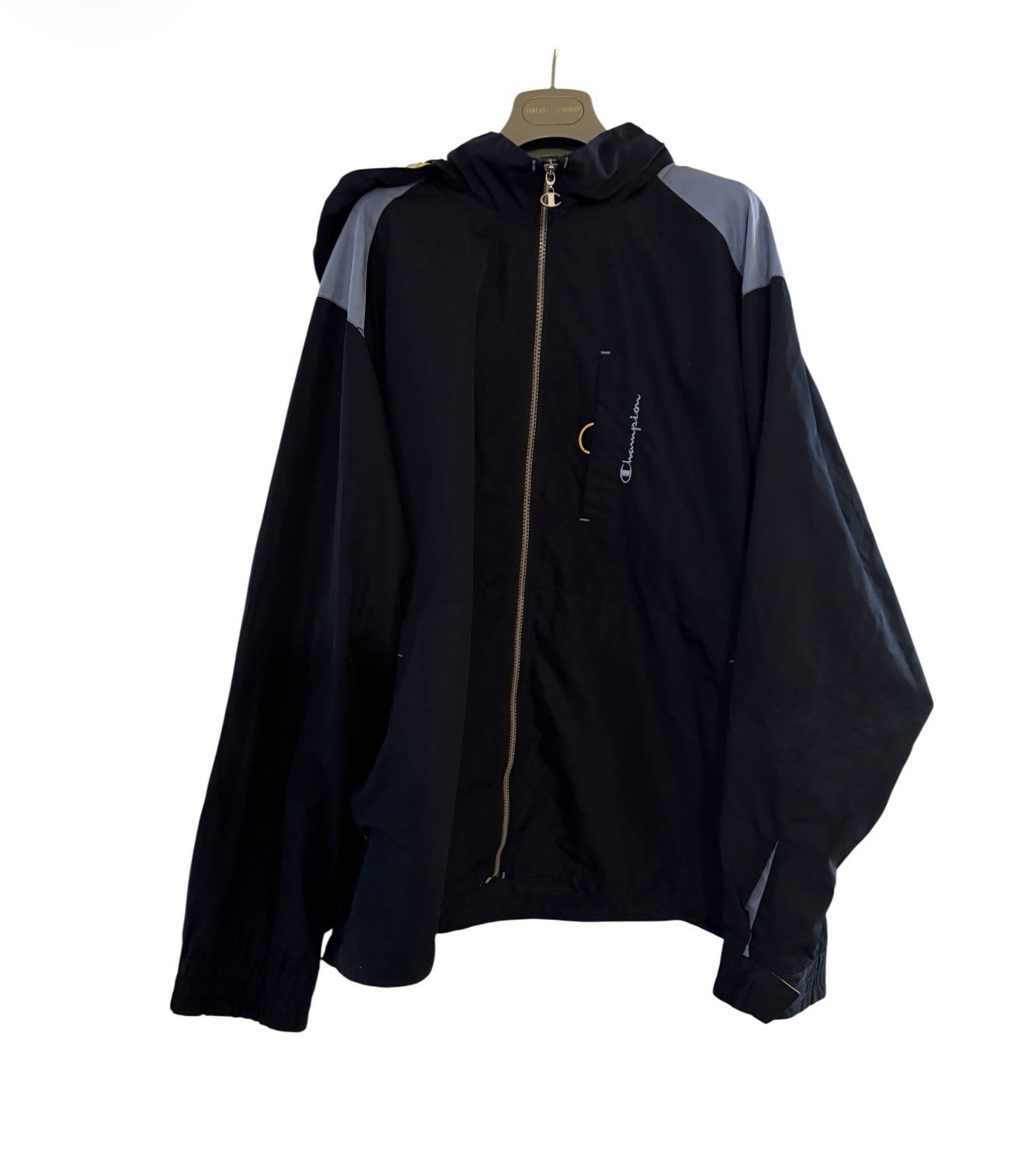 Champion dark blue–Black Hooded Windbreaker with Light Gray Shoulder Panels