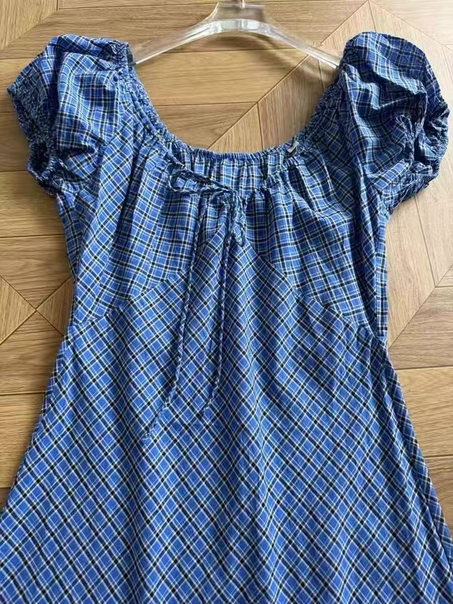 NWT Doen Elegant plaid slim fit long skirt with bubble sleeves and round neck dr
