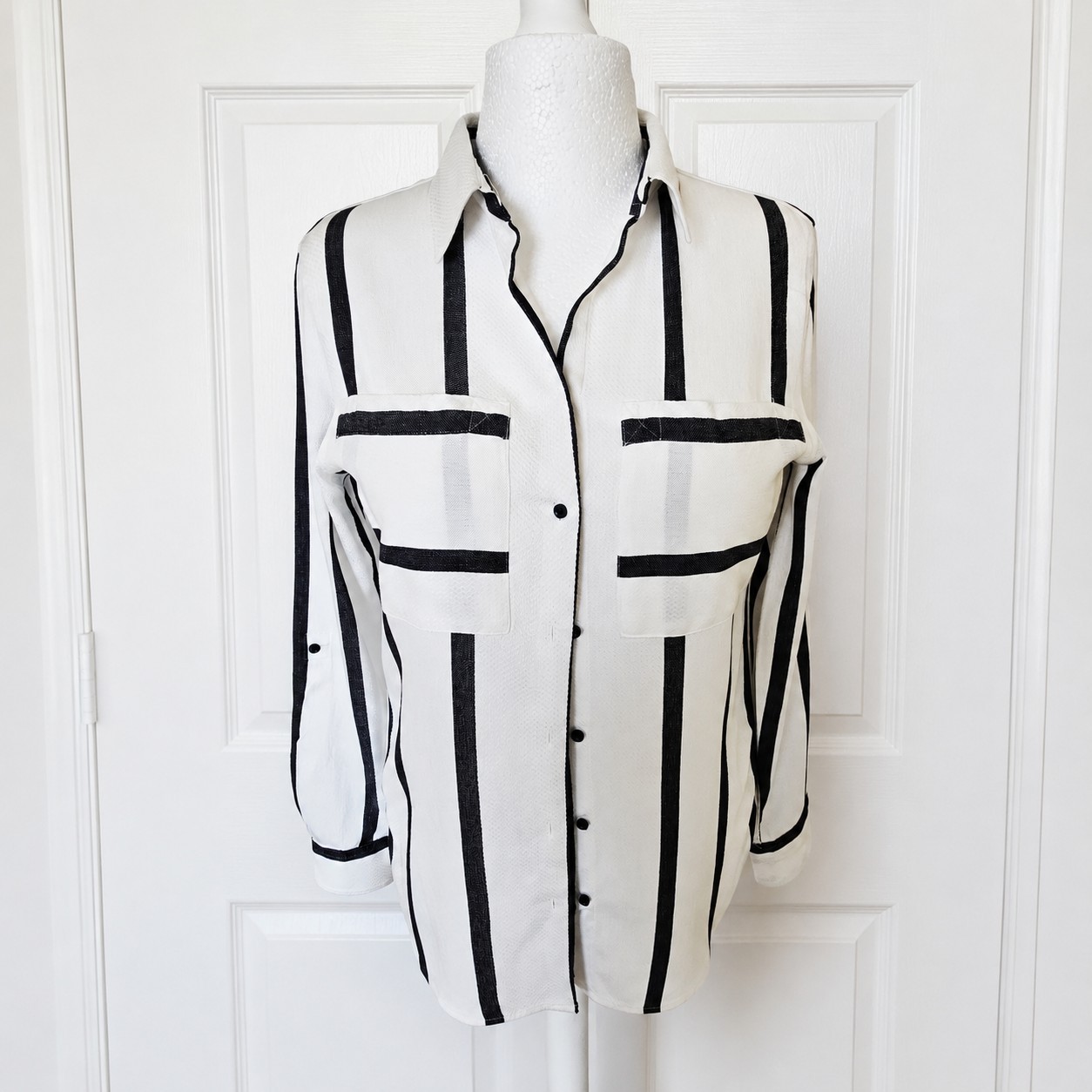 Next Size 12 – Black & White Stripe Shirt – Long Sleeved – Viscose & Cotton VGC
