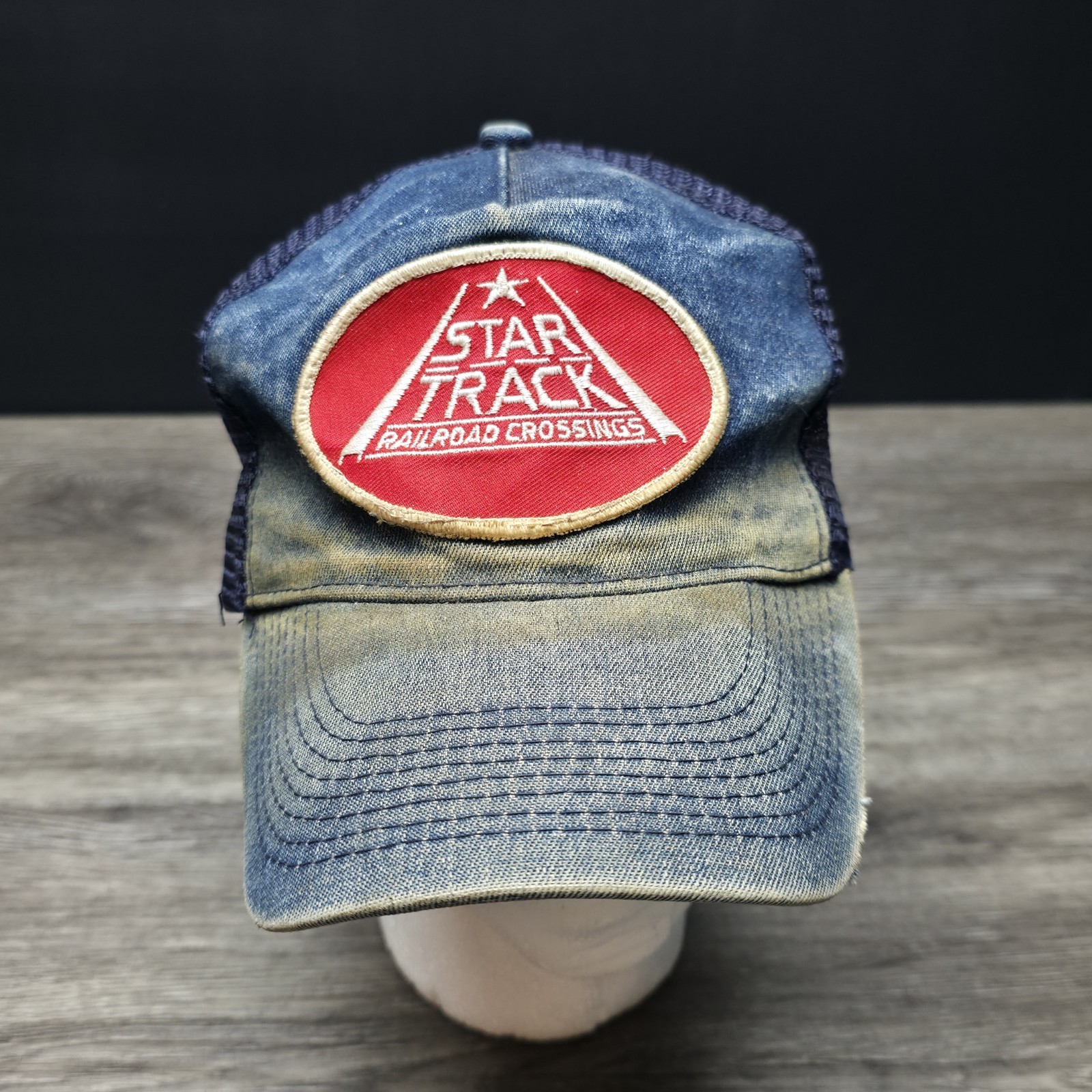 Vintage Star Track Train Railroad Crossing Denim Hat – Right Of His Head