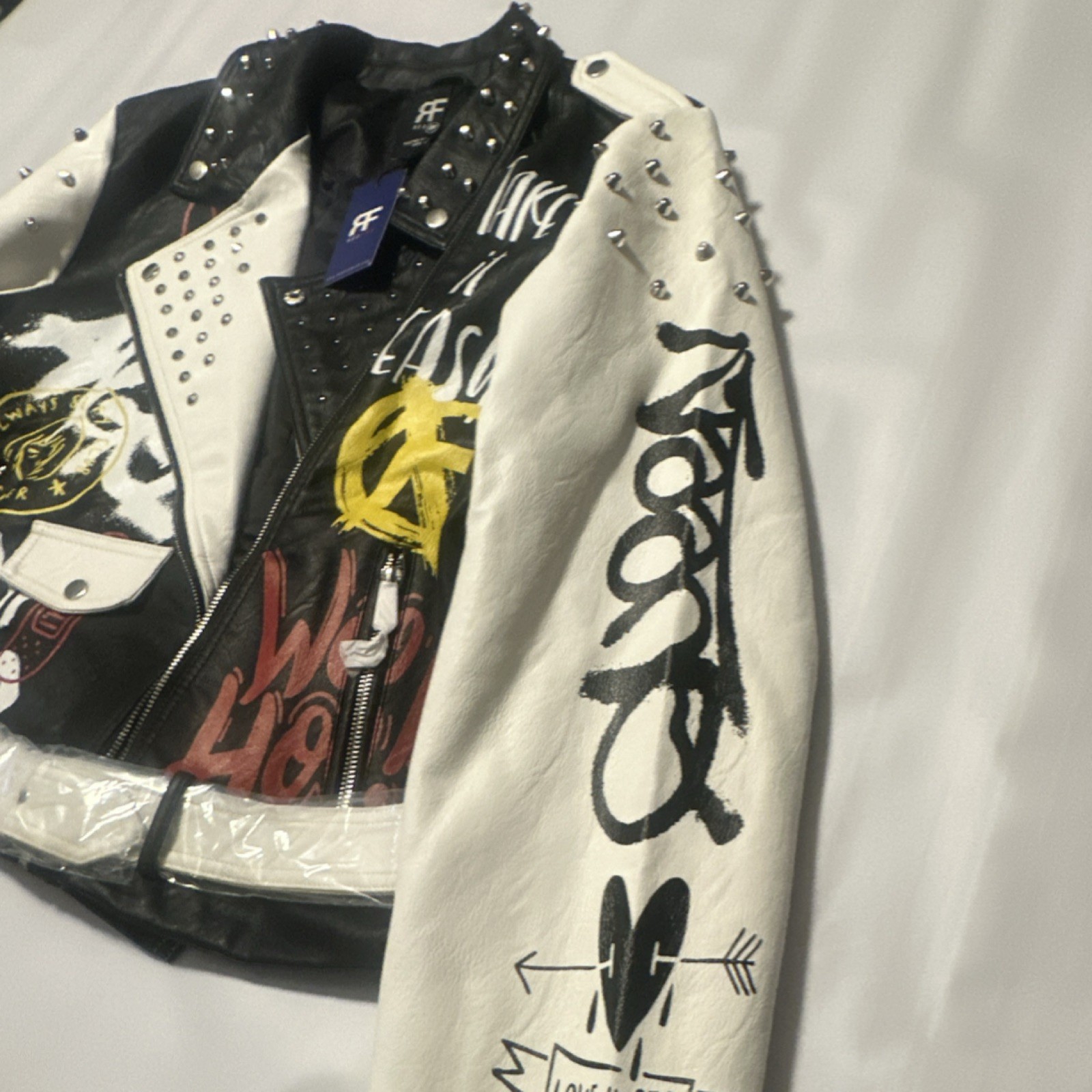 Freaky Fashion Studded Painted Graphic Biker Jacket Black White Men