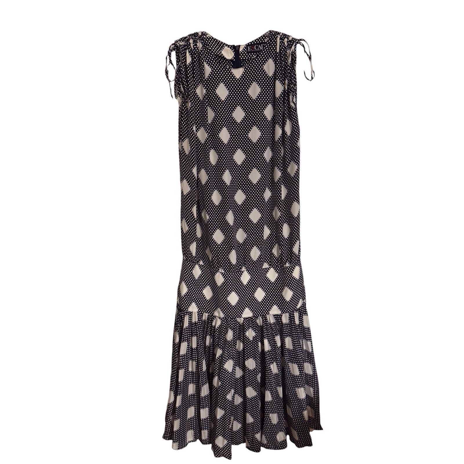 Escada Vintage Size 34 Small Polka Dot Silk Dress Drop Waist Ruffle Blue White