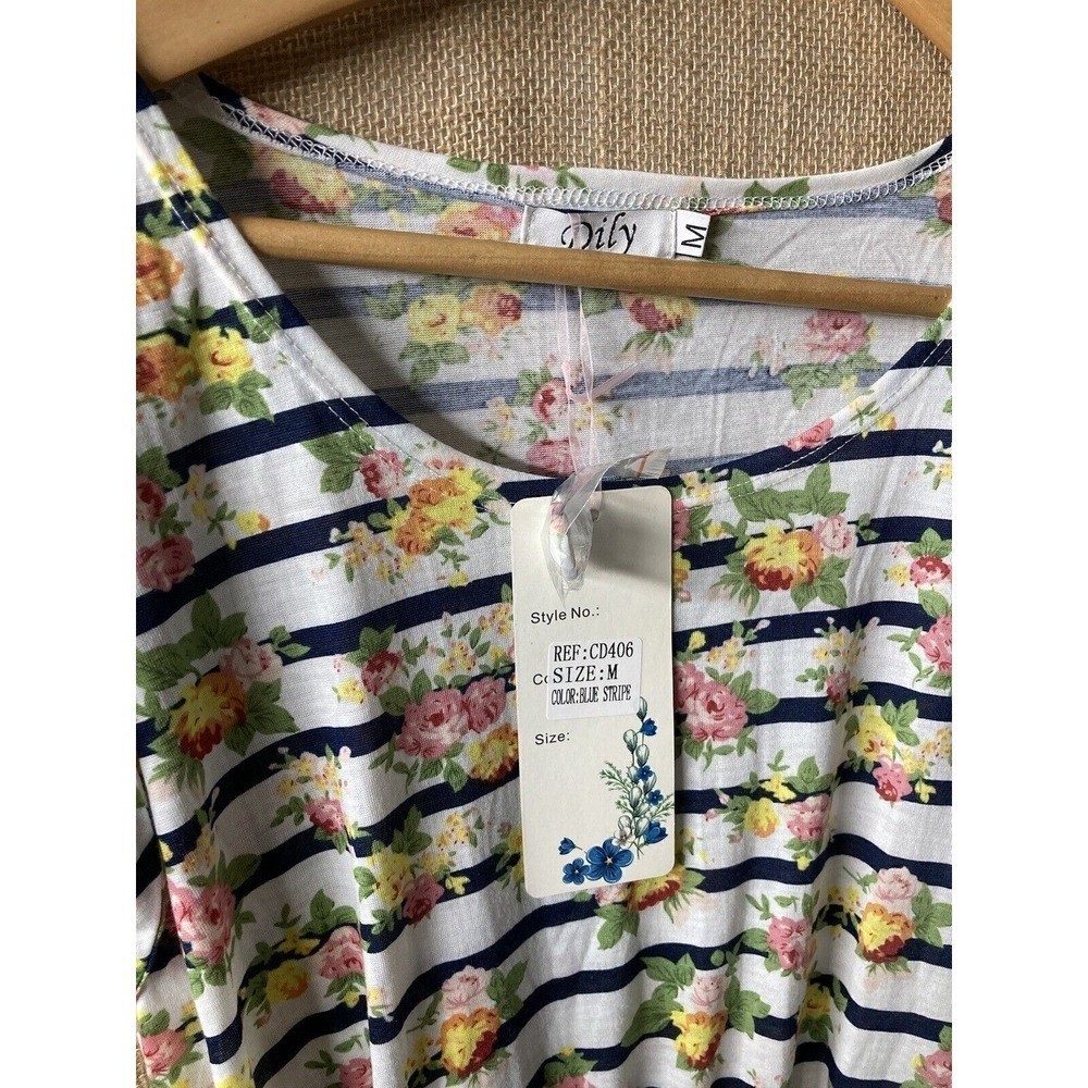 Dily Dress Womens Size M Medium Cap Sleeve Belted Floral Pockets Stripe NEW