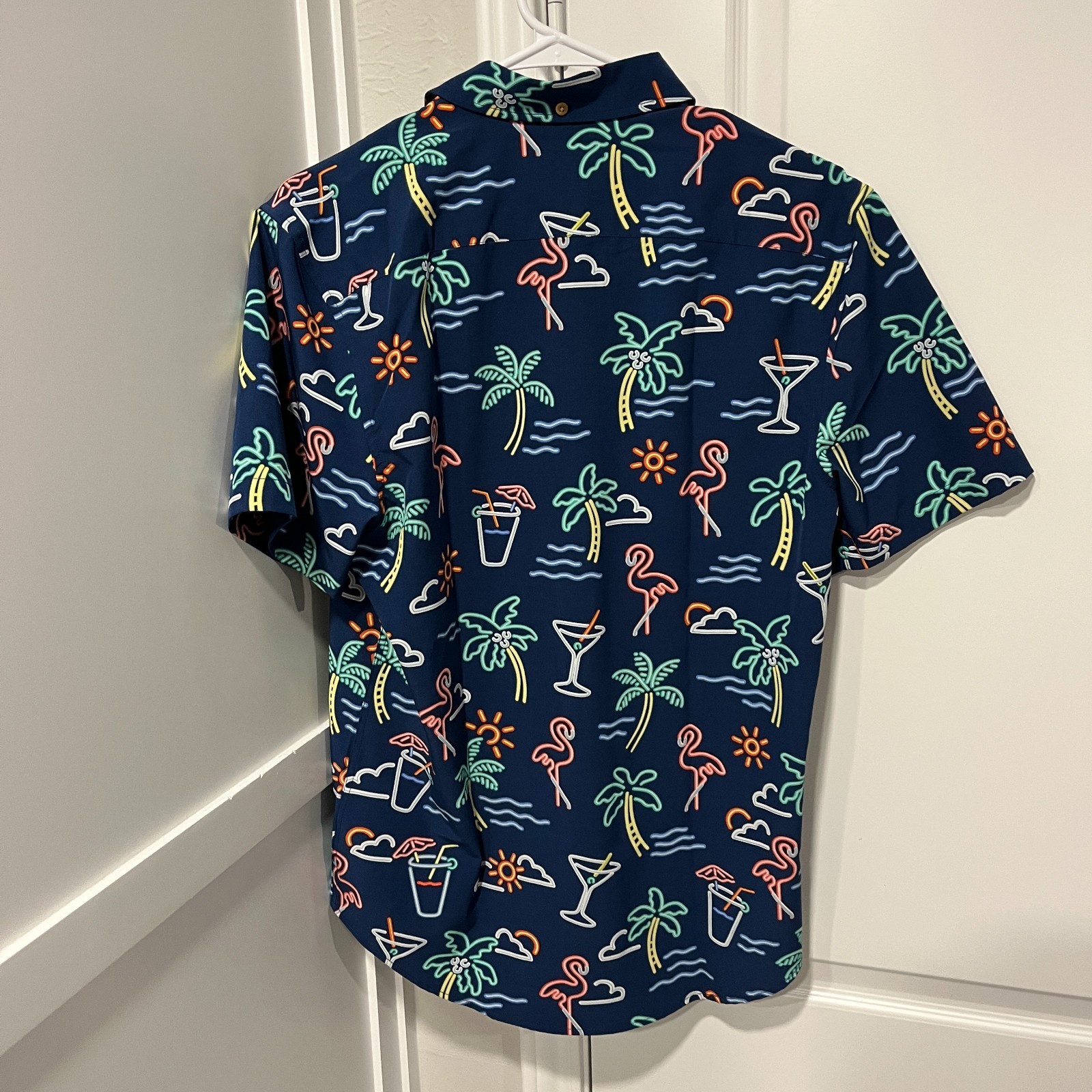 Chubbies Shirt Mens Small Blue Neon Trees Flamingos Cups Print Performance Polo