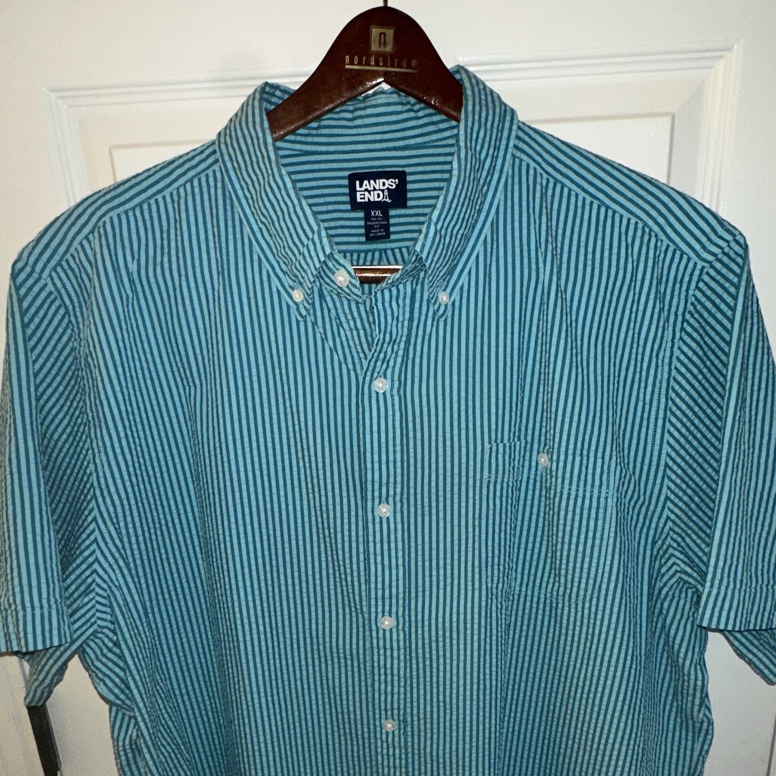 Lands End Men’s Green Striped Short Sleeve Seersucker Shirt Size 2XL
