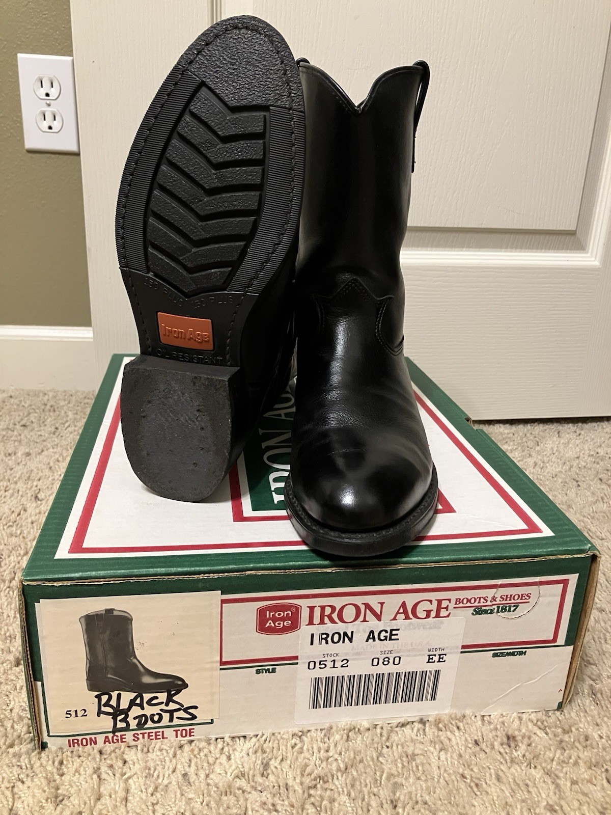 Vintage IRON AGE Boots STEEL TOE Black BIKER Western – Sz 8 EE Made in USA