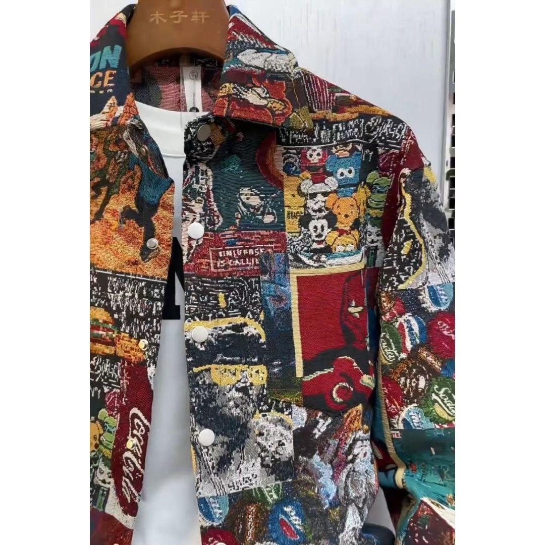 Men Graphic Print Jacquard Tracksuit Set Casual Button Jacket Jogger Pants