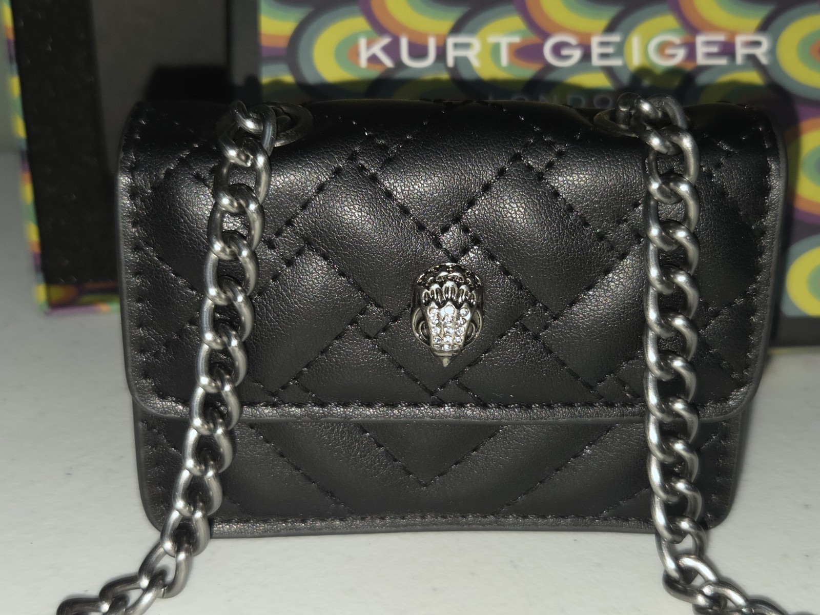 New! Kurt Geiger London Black Mini Crossbody Chain Strap Eagle Logo Snap w/ Box