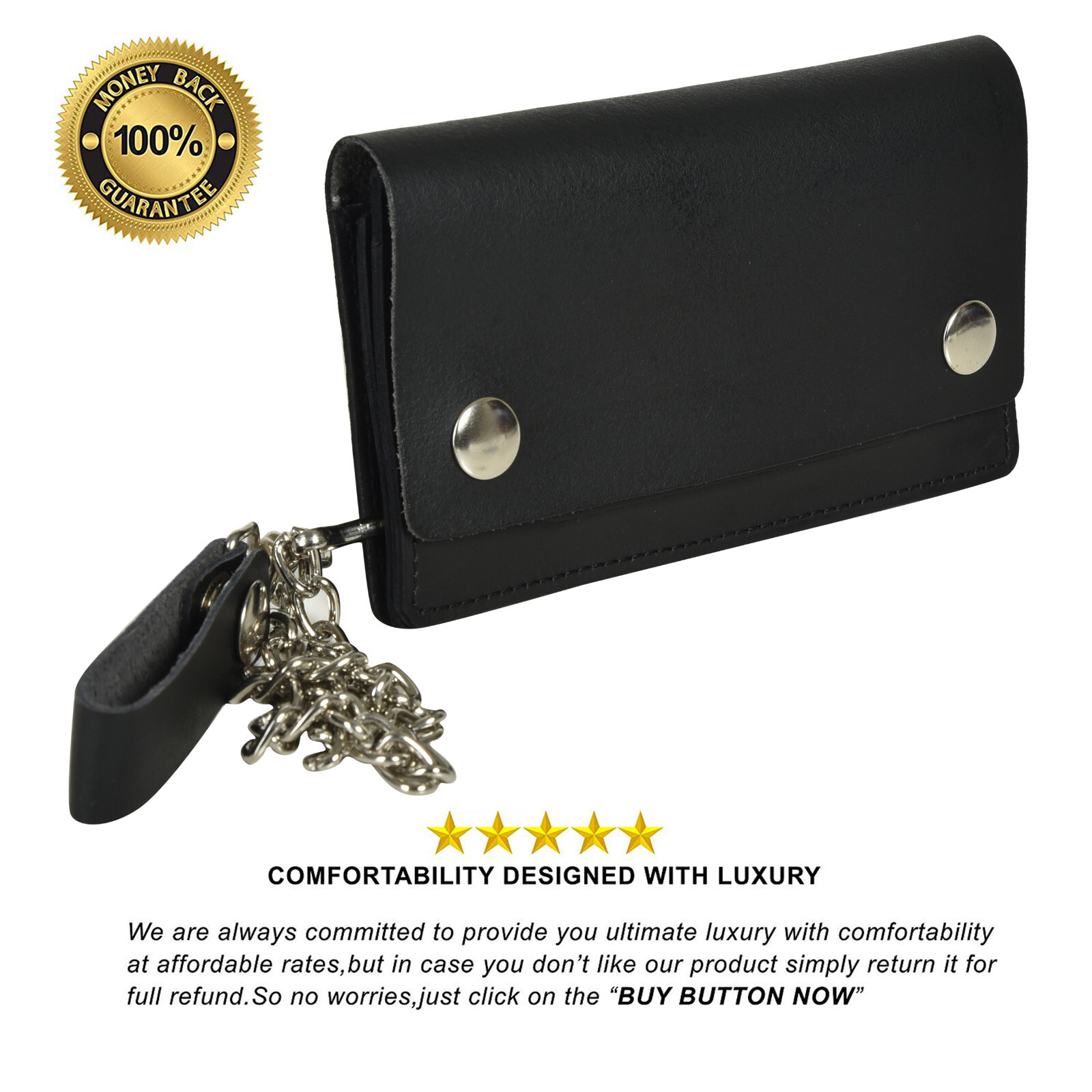 Black Genuine Leather Motorcycle Trucker Biker Chain Wallet With Inside Zipper