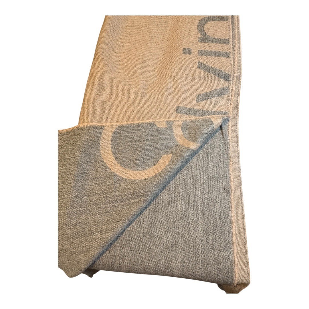 Calvin Klein Taupe Logo Oblong Blanket Scarf Acrylic Blend Women 76×24 NWT