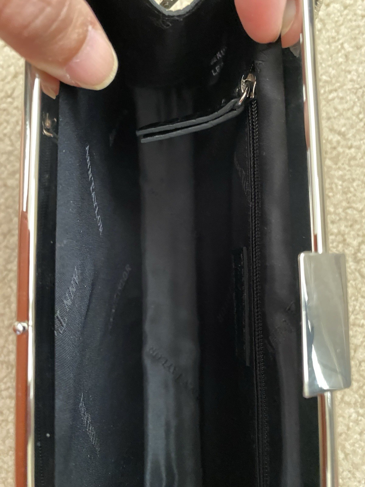 Ann Taylor Black Croc Embossed Clutch w/ Silver Chain Strap, Clasp, Pockets