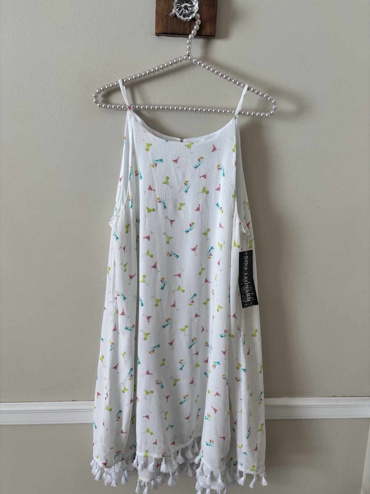 NWT Nina Leonard Womens Size Large White Sleeveless Dress Martini Drink Print