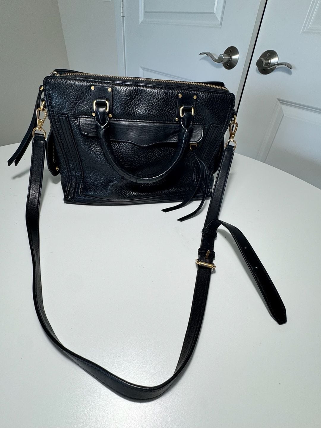 Rebecca Minkoff Black Pebbled Leather Satchel Crossbody Bag Gold Hardware Tassel