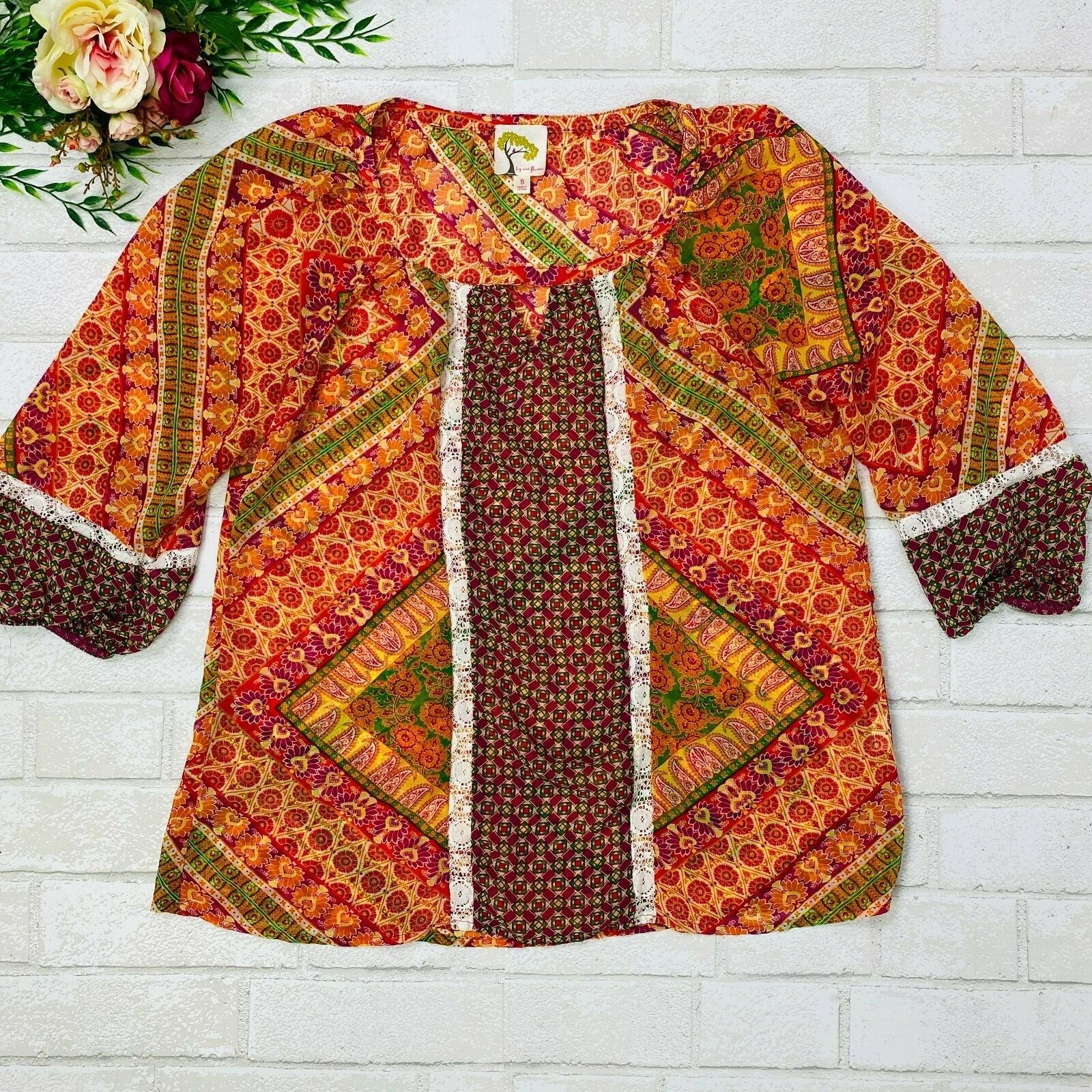 Fig & Flower Peasant Top Womens S Colorful Mixed Print Boho Semi Sheer