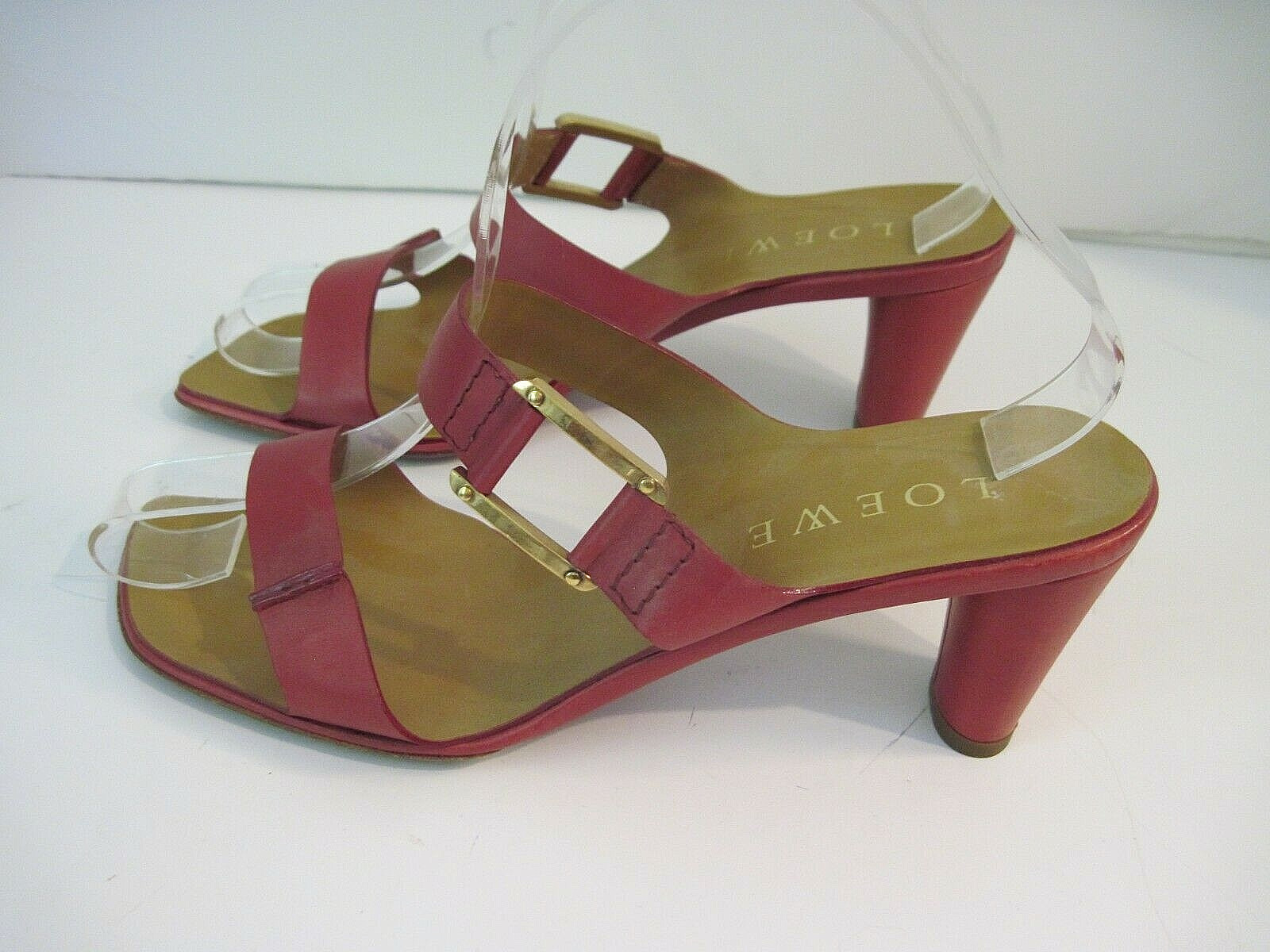 LOEWE Dark Raspberry Leather Gold Tone Accent Double Strap Heeled Sandals Sz 37