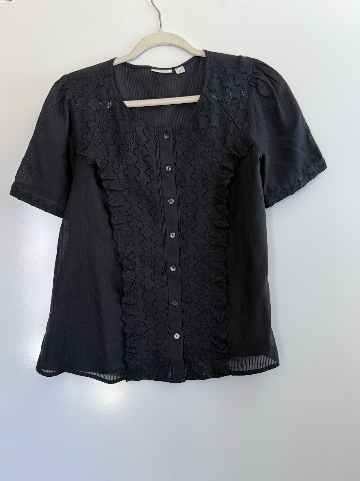 LOGO by Lori Goldstein Black Eyelet Lace Button Front Blouse Top XS Sheer