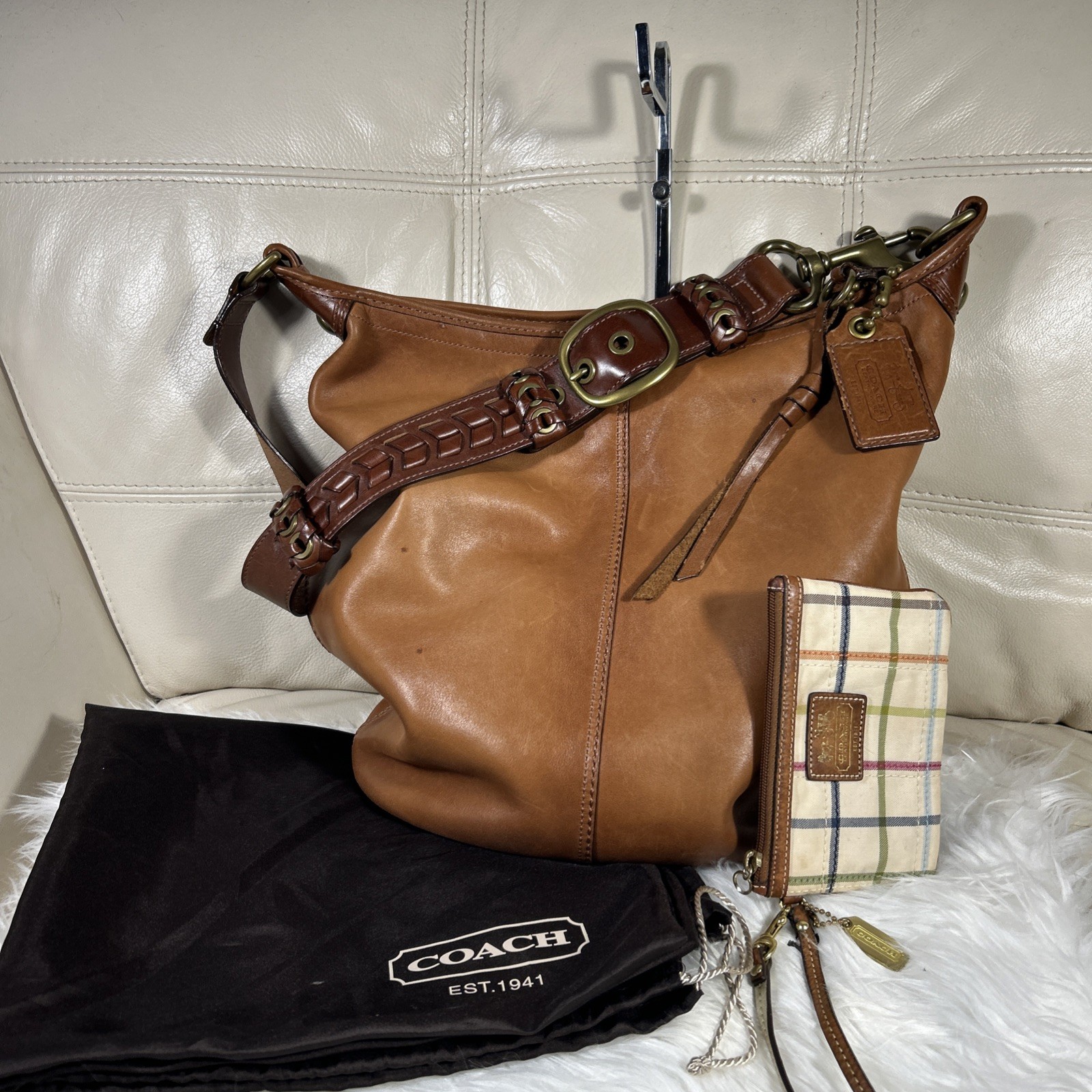Vintage Coach Bag Bleecker 11423 Wristlet Whiskey Tattersall Duffle Dust Bag!