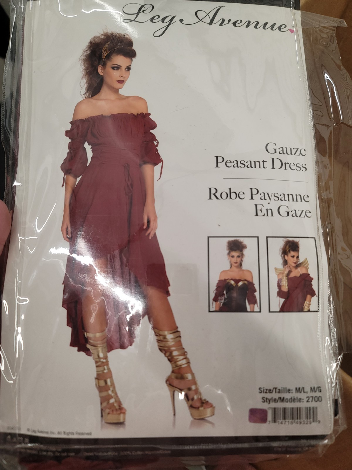 Burgandy long sleeve peasant dress – Size adult medium – Leg Avenue