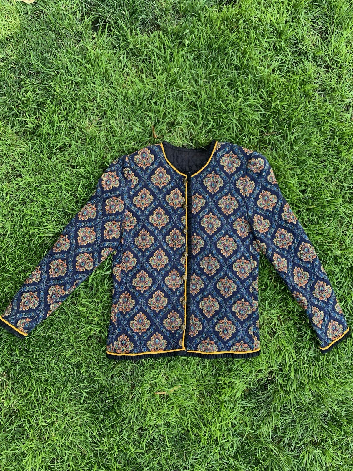 Women’s Blue Paisley Jacket, Button Front, Lined, Yellow Trim