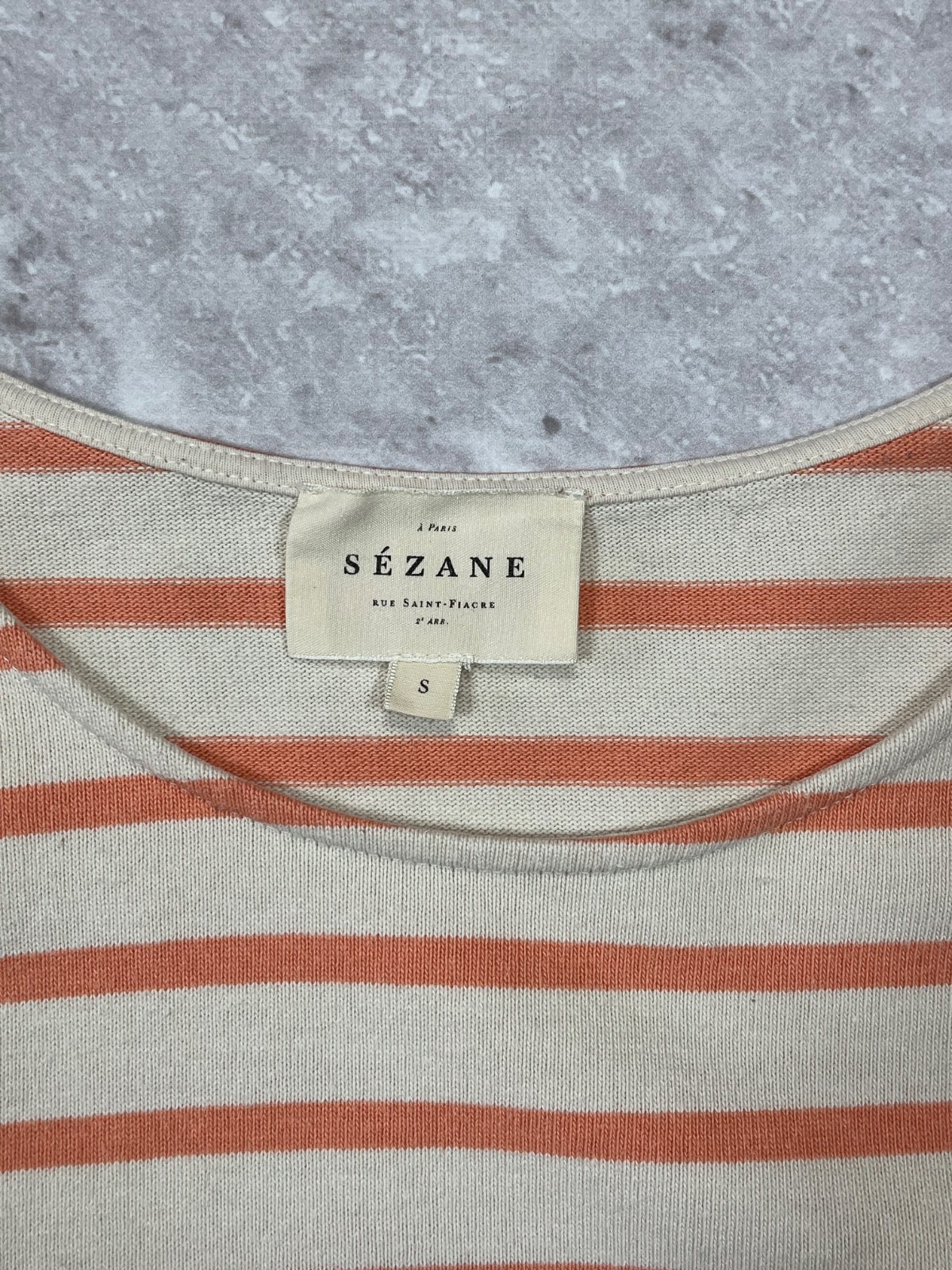 SEZANE Paris Women Striped Top Long Sleeve Button Shoulder Ecru Peach Orange