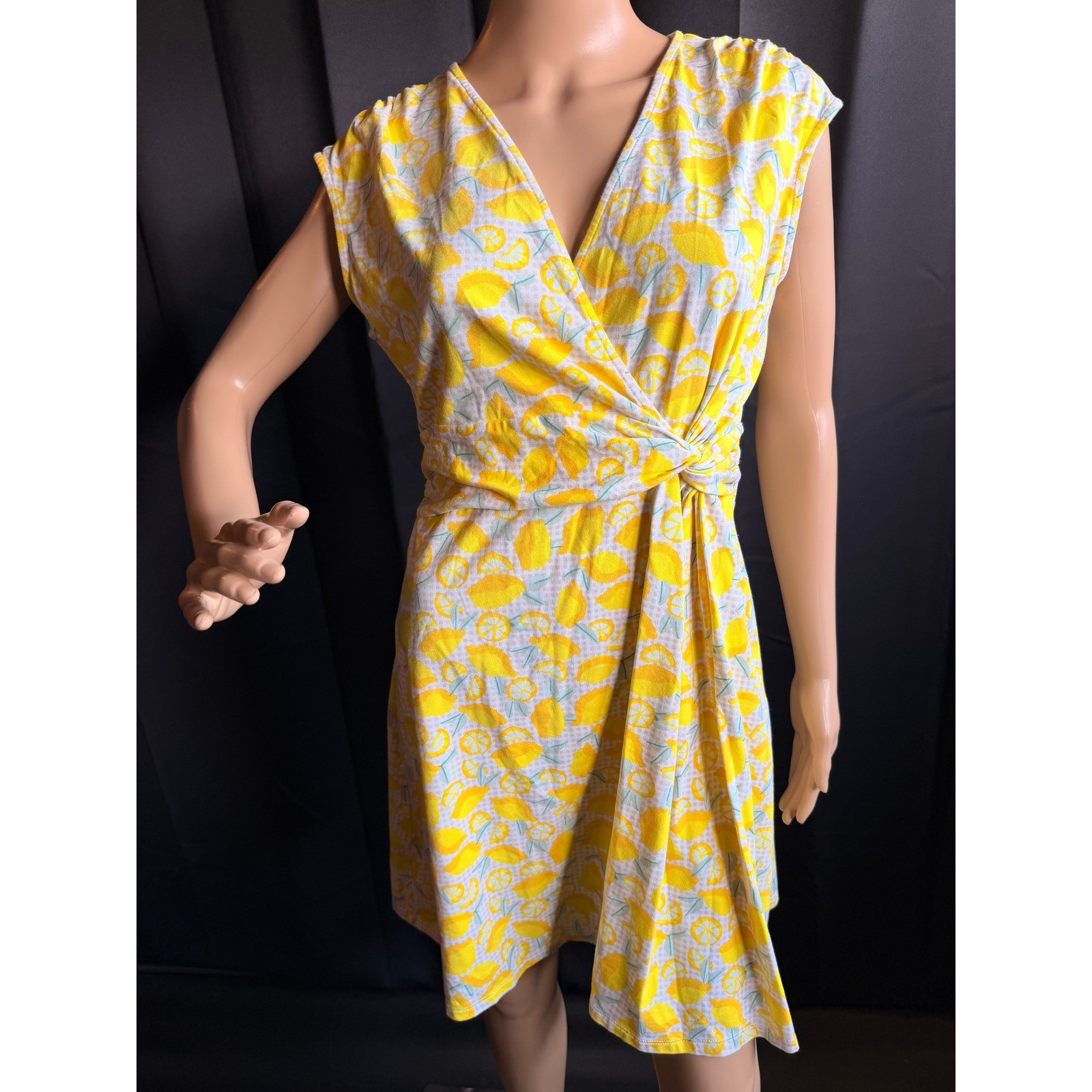 Lands End Yellow Lemon Print Faux Wrap Dress Size MP Sleeveless Gingham Tropical