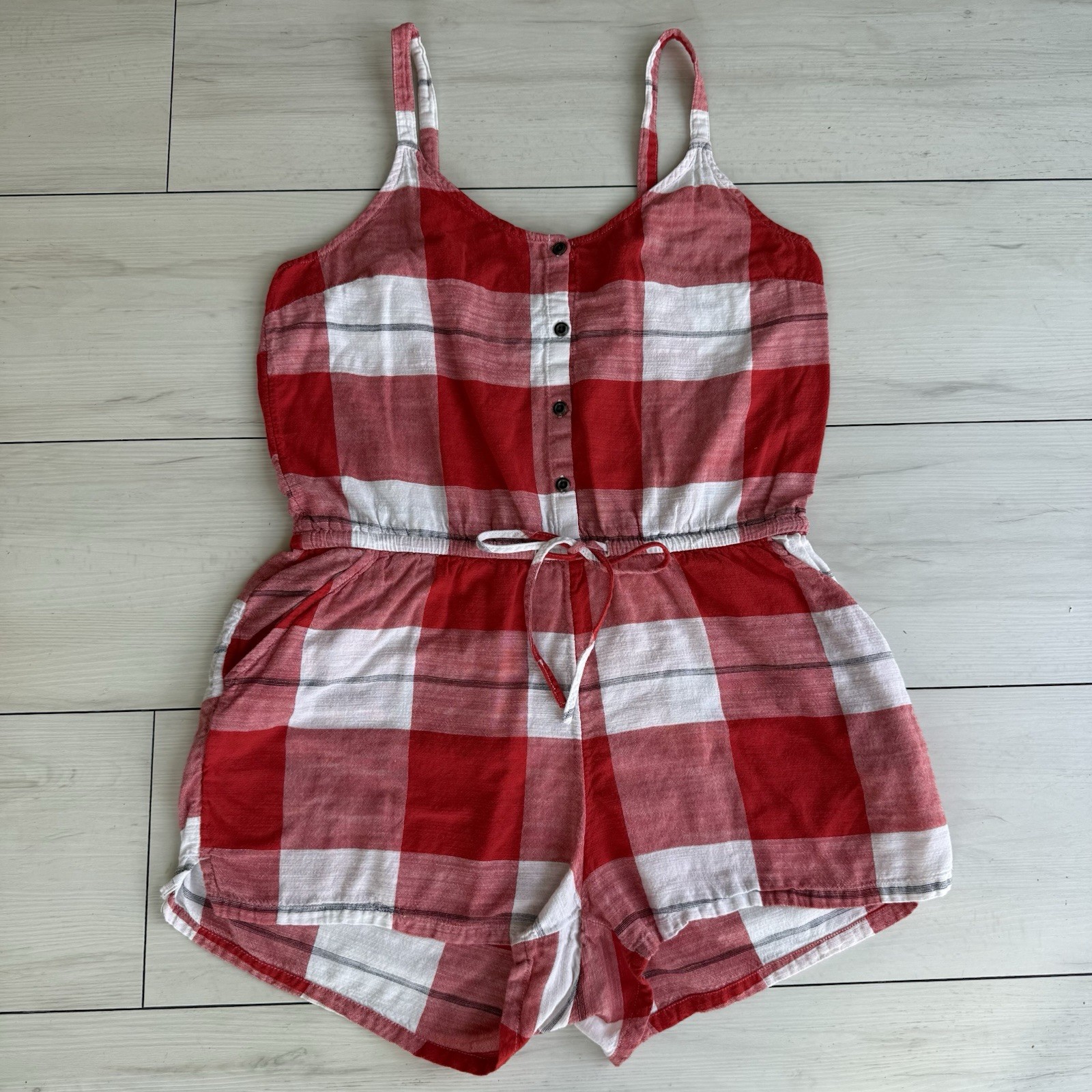Old Navy Womens M Red White & Blue Plaid Sleeveless Shorts Romper 100% Cotton