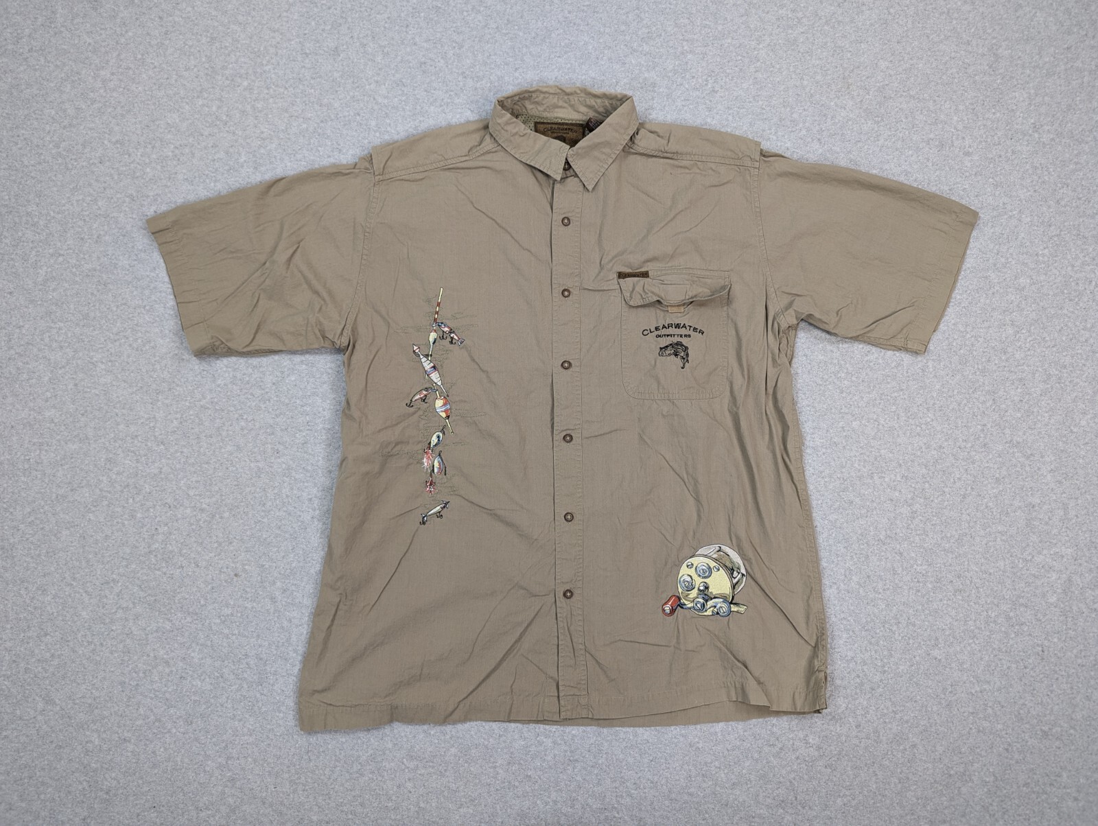 Clearwater Shirt Mens Extra Large Beige Fishing Outdoors Lures Reels Vented