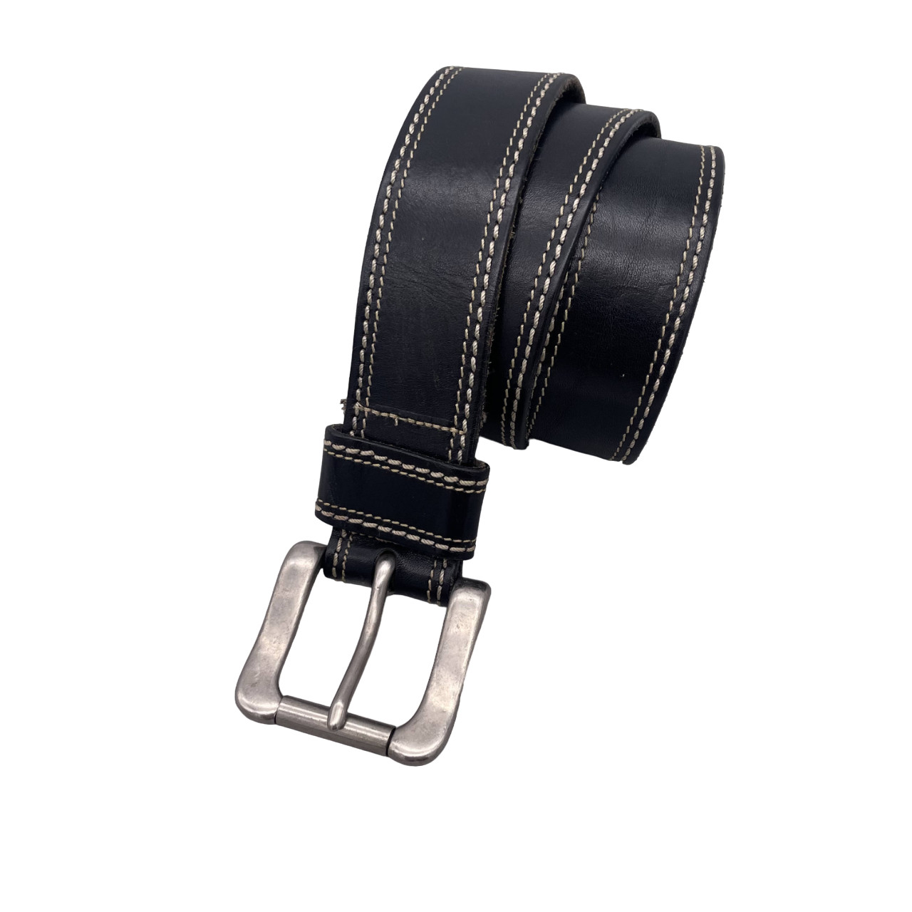 Men’s Black Leather Casual Belt Stitching Detail Silver Tone Buckle Closure 39in
