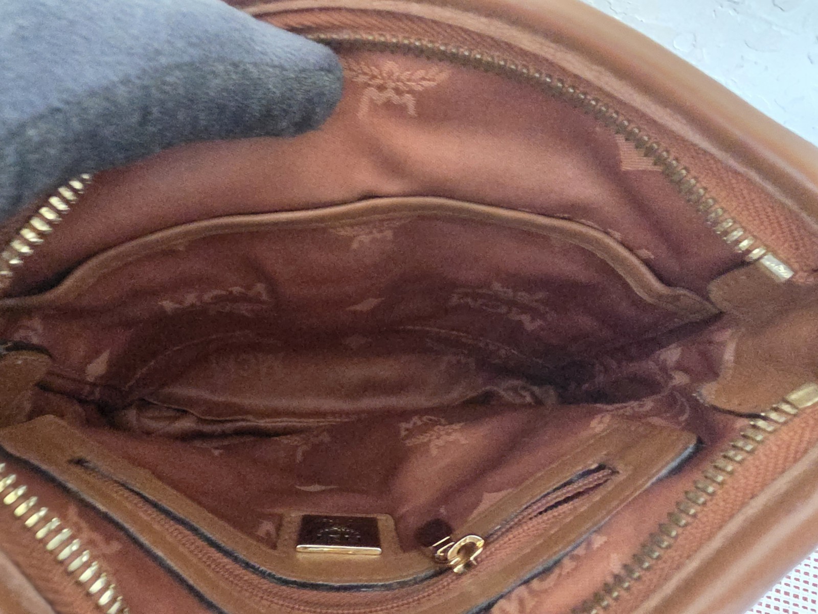 MCM Cognac Monogram Small Flat Shoulder Crossbody Bag AUTHENTIC