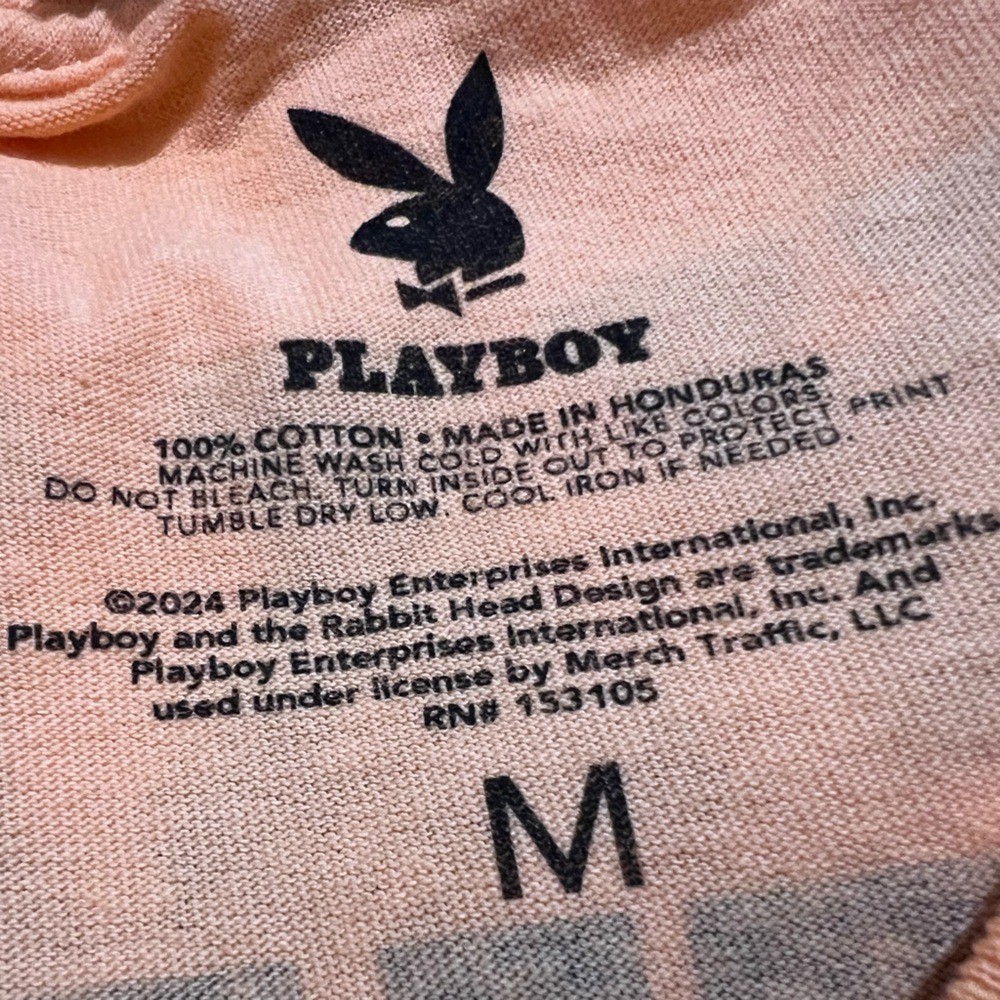 PLAYBOY men’s graphic print shirt orange Tee Black Logo size medium
