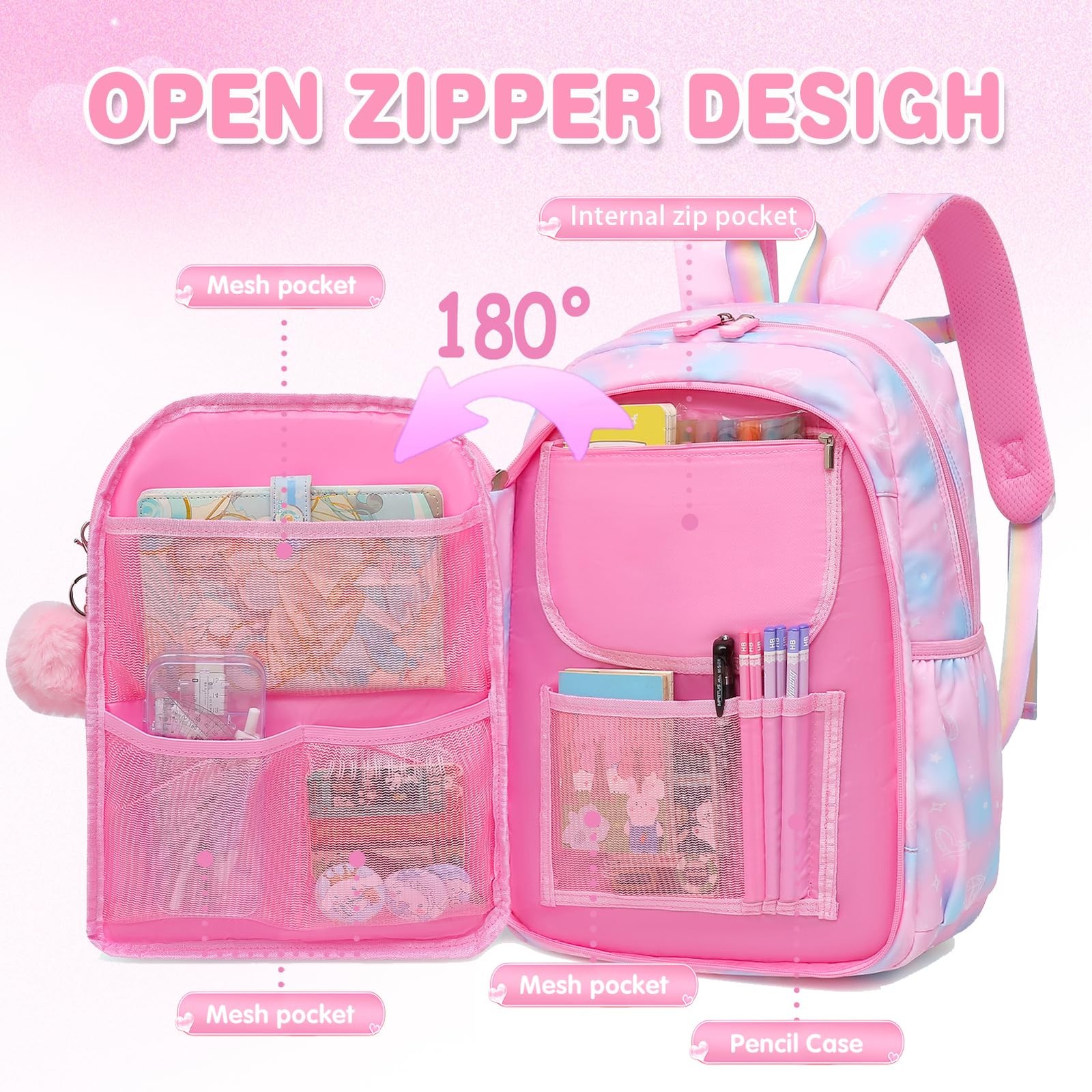 17 inch Pink Sweet Girls Backpack Splash-resistant School Bag Laptop Compartment