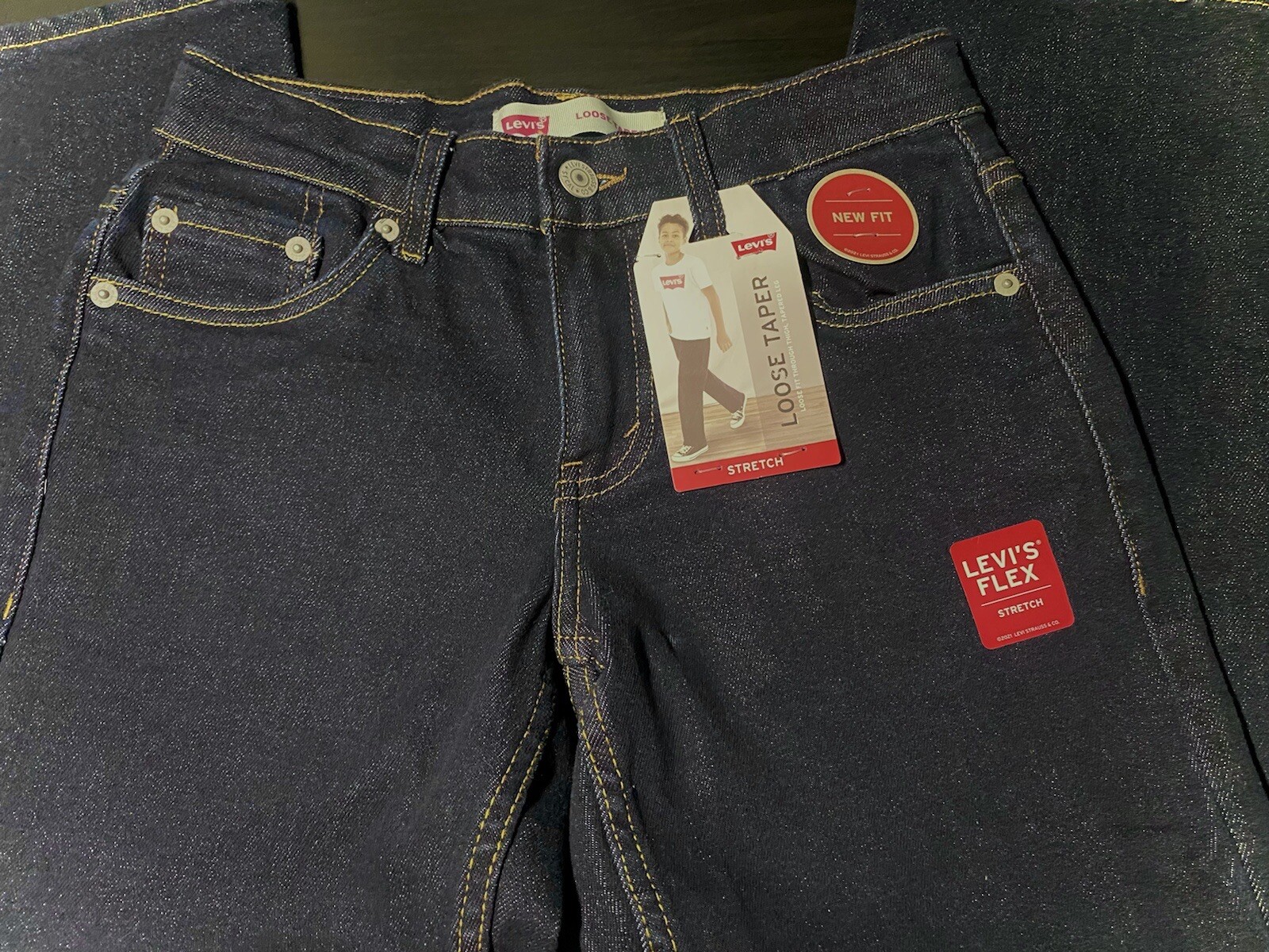 NEW LEVI’S LOOSE TAPER STRETCH BOYS Dark Wash JEANS Sz 8 REG W24″xL25″ 67%cotton