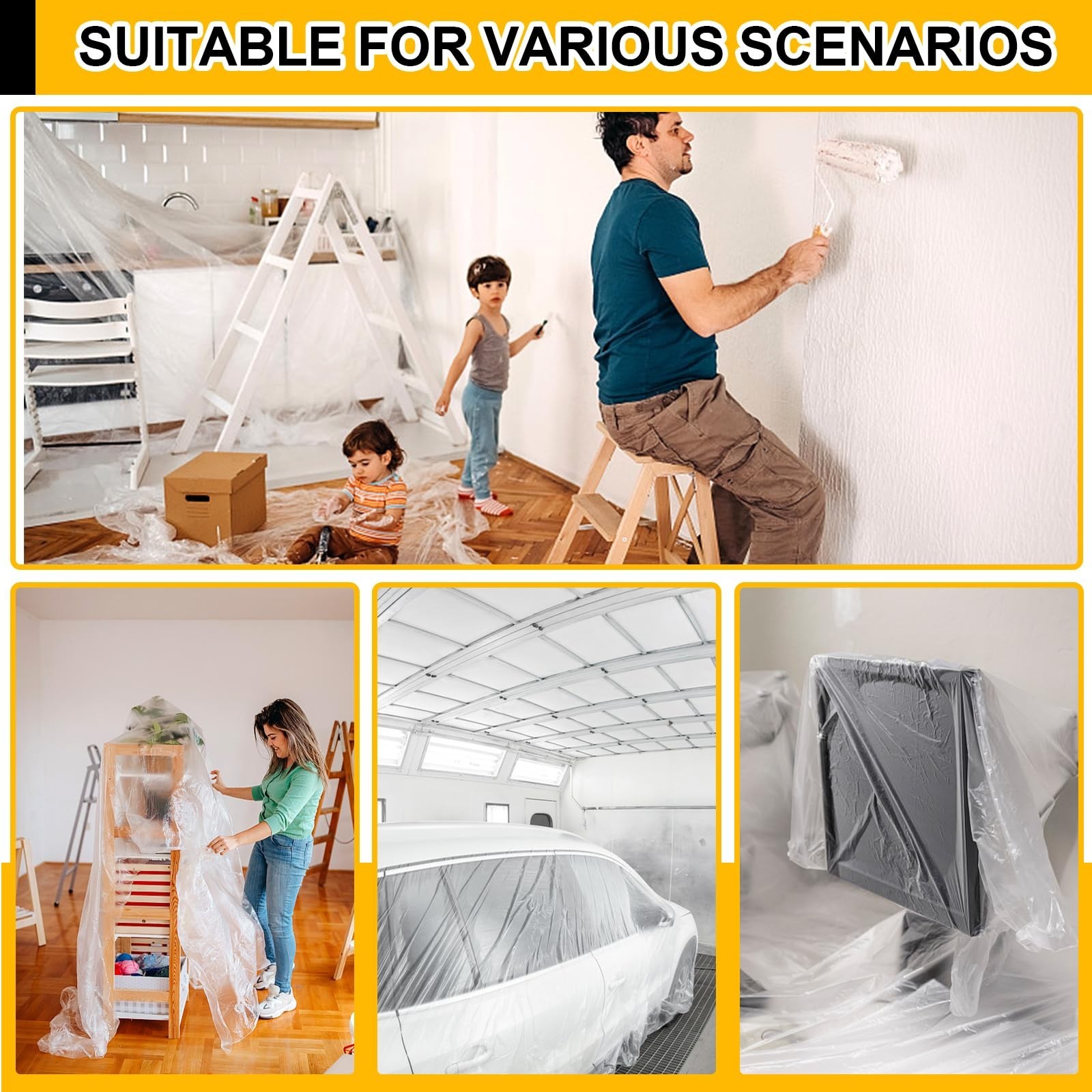8 Pack Plastic Drop Cloth, 9×12 Ft Plastic Sheeting for Painting, Dust-Proof …