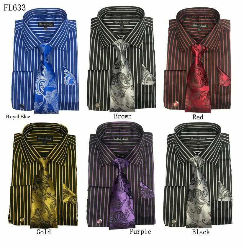 Men’s Striped Dress Shirt with Tie + Handkerchief, French Cuff Links New