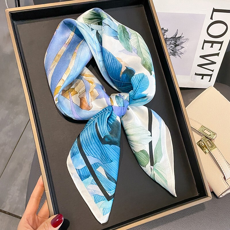100% Silk Square Scarf Women Light Blue Flower Kerchief Headscarf Tied 68*68cm