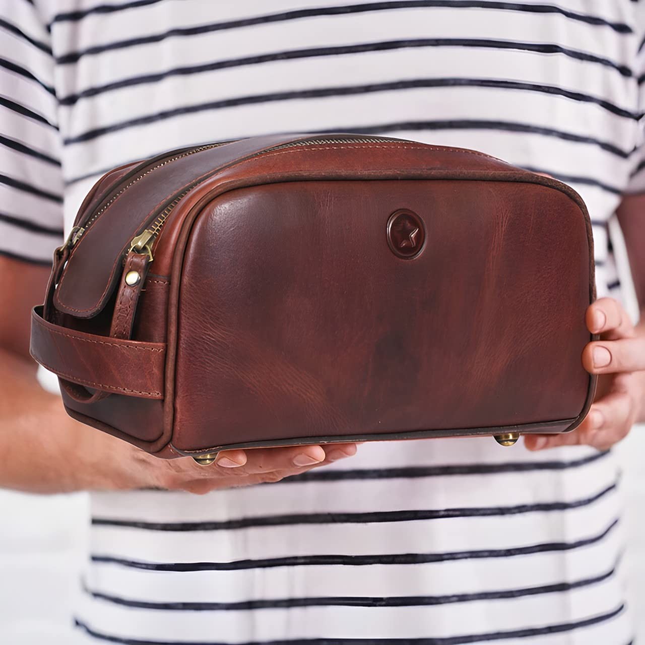 10″ Premium Leather Toiletry Travel Pouch 10.5 x 5.5 x Inch, Dark Brown