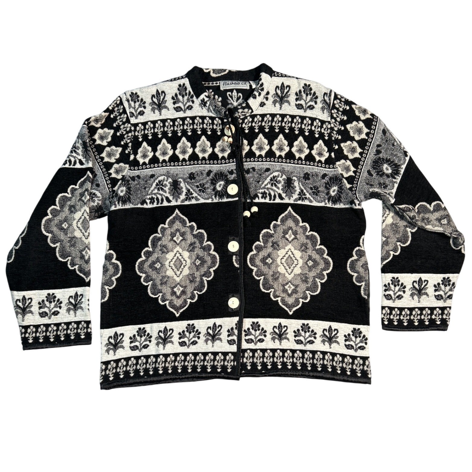 Flashback Cardigan Black White Tapestry Floral Jacket VTG Boho Chic Festival Y2K