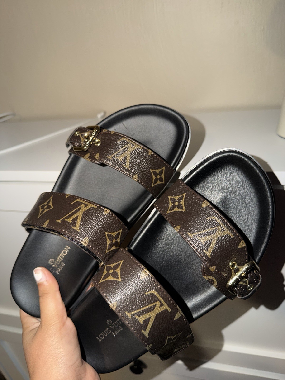 Louis Vuitton Men’s Monogram Logo Sandals Hook & Loop Strap Brown/Black 7