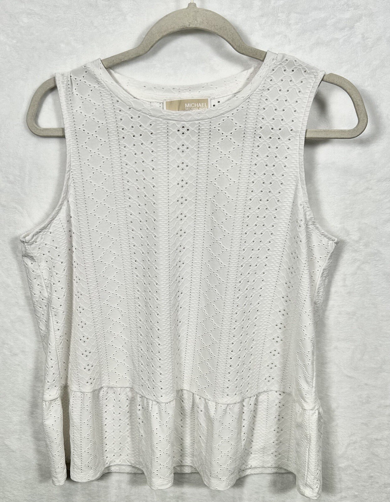Michael Kors White Eyelet Lace Top Sleeveless Round Neckline Ruffle Large L