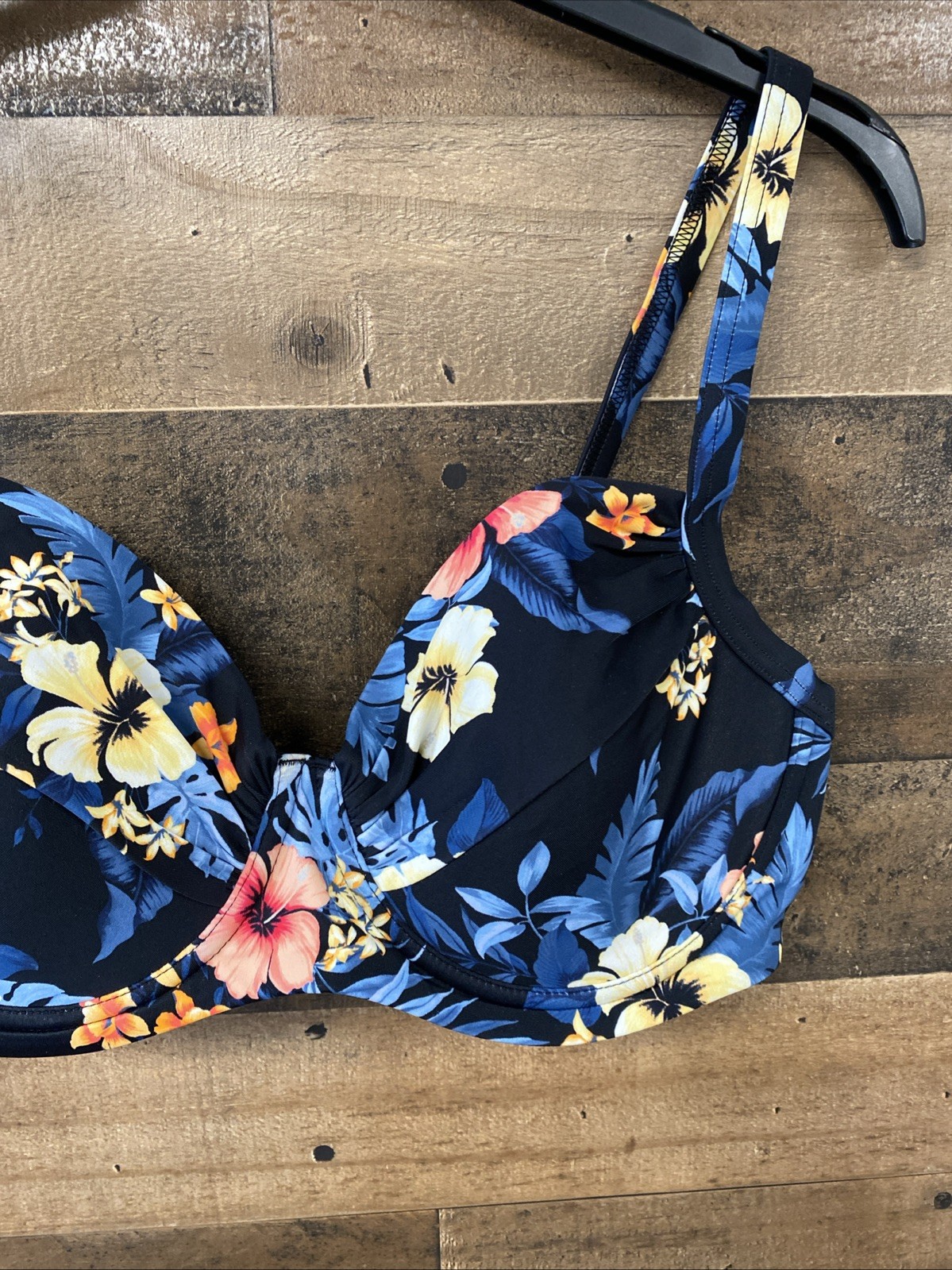 Lands’ End Women’s Retro Underwire Bikini Top – Black Floral SPF-50 Size 10