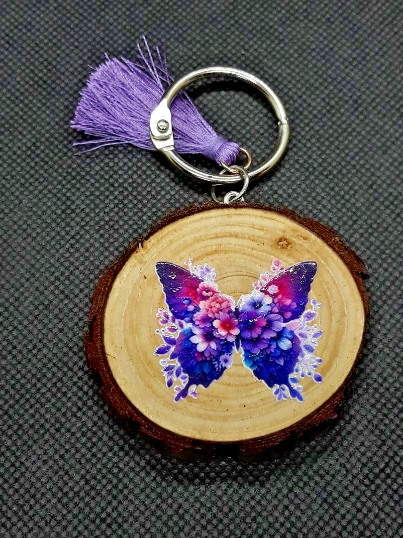 Beautiful Handmade Flowers & Butterfly Wood Round Keychain Tag w/ Tassel