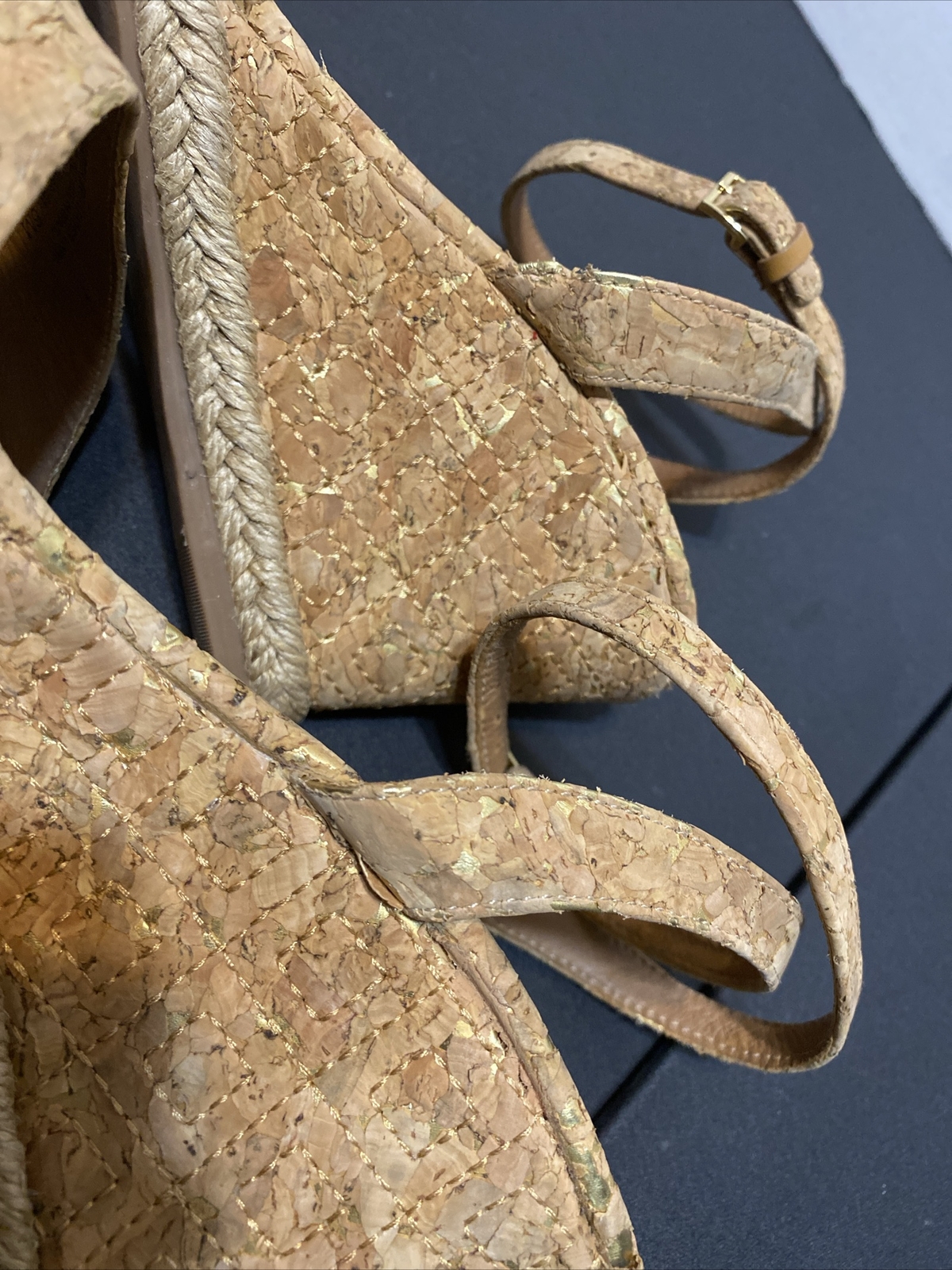 TORY BURCH Quilted Cork W/Gold Espadrille Wedge MARION Sandals Ankle Wrap Sz 6 M