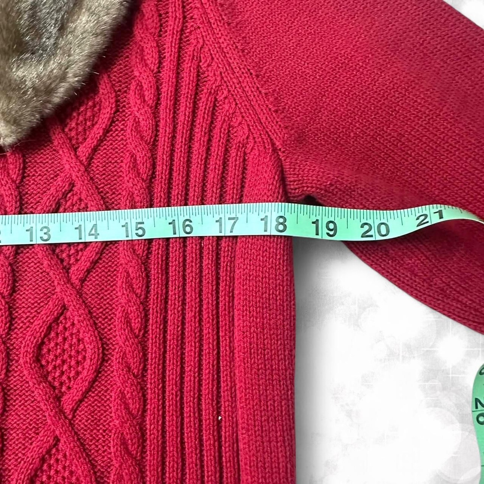 Y2K style red button up faux fur collar knit jacket chic, quiet luxury