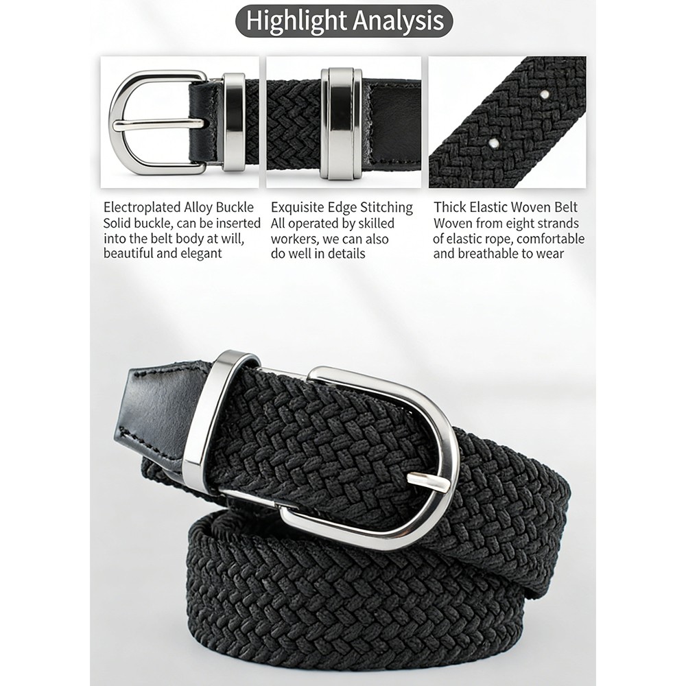 Black Leather Stretch Belt Covered Buckle Woven Elastic Belt 7001 1-1/4″ Wide