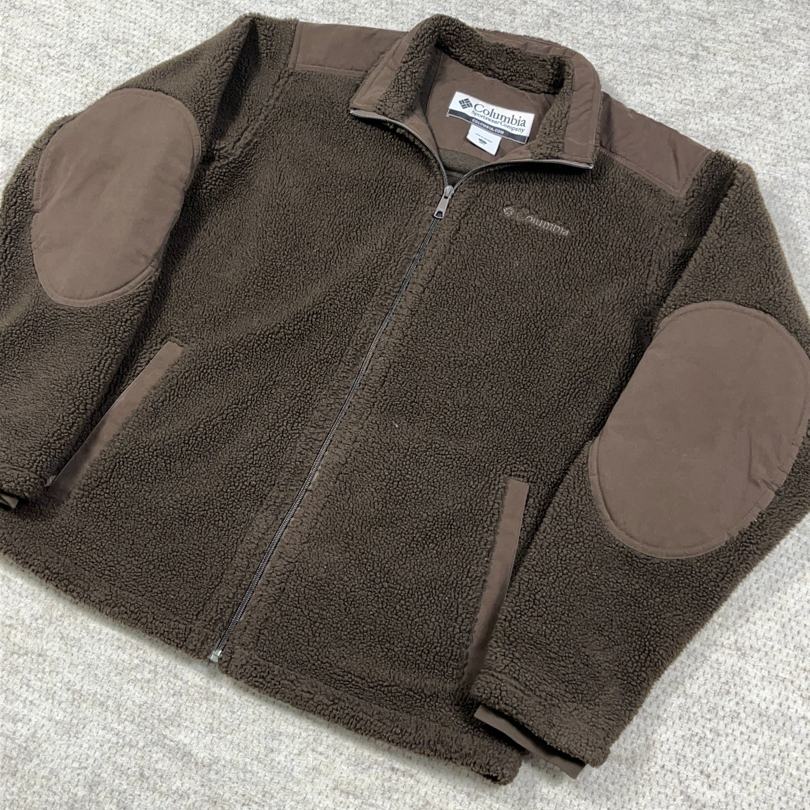 Vintage Columbia Jacket Men Large Dark Brown Sherpa Fleece Elbow Pads Teddy